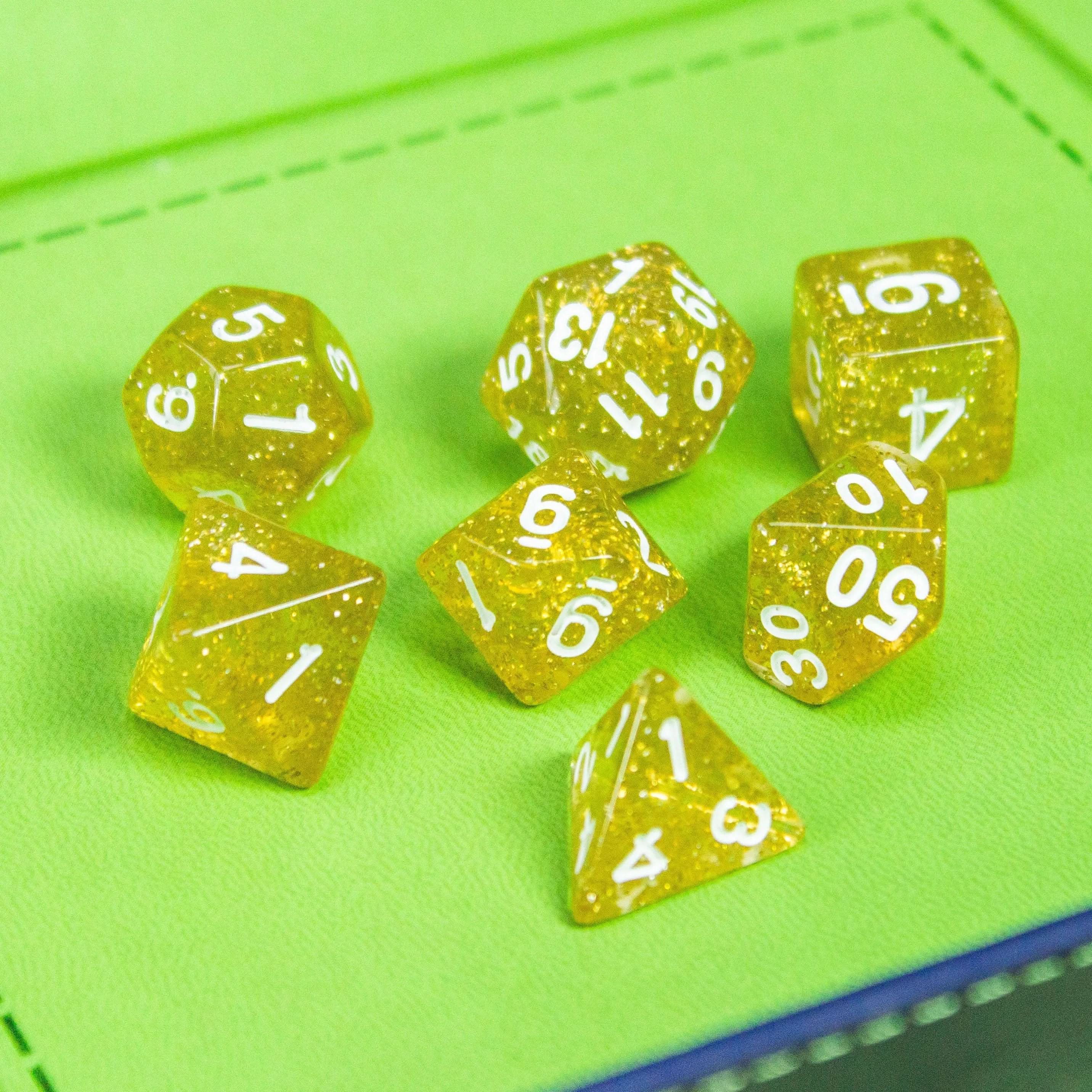 Yellow Shimmer Dice Set | Dice for TTRPG | Polyhedral White Dice | White Numbers - MysteryDiceGoblins