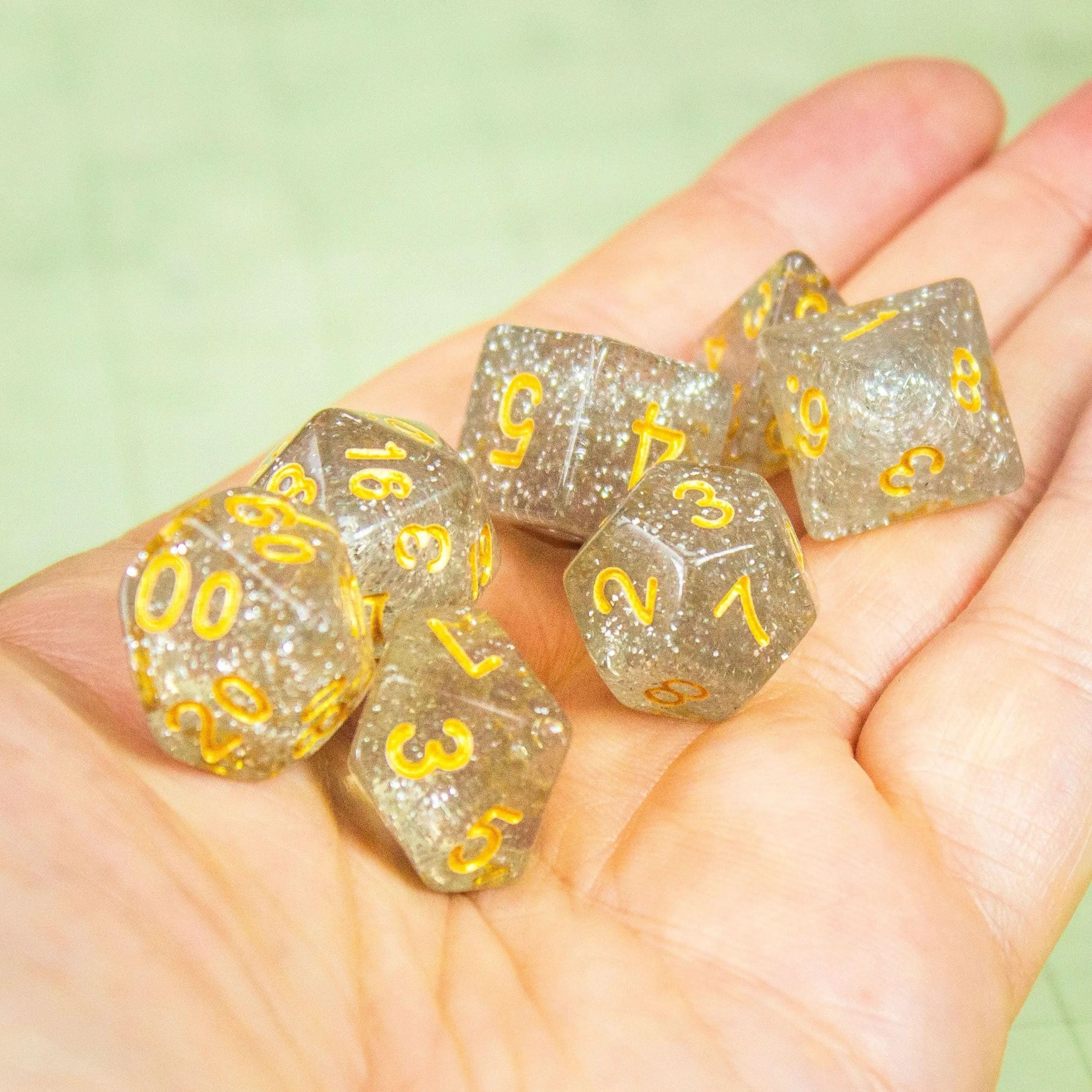 Silver Glitter Shimmer Dice Set | Dice for TTRPG | | Polyhedral White Dice | Gold Numbers - MysteryDiceGoblins