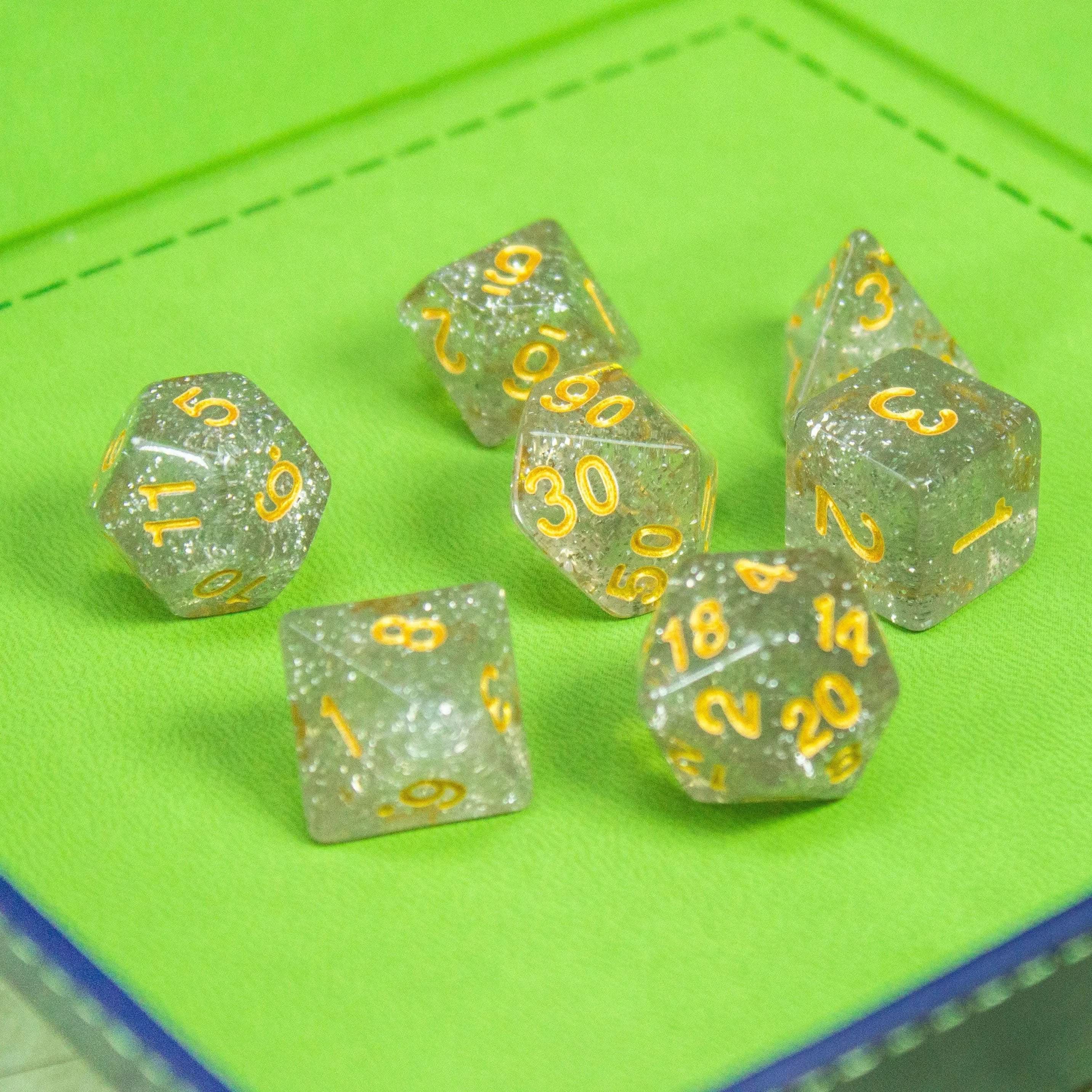 Silver Glitter Shimmer Dice Set | Dice for TTRPG | | Polyhedral White Dice | Gold Numbers - MysteryDiceGoblins