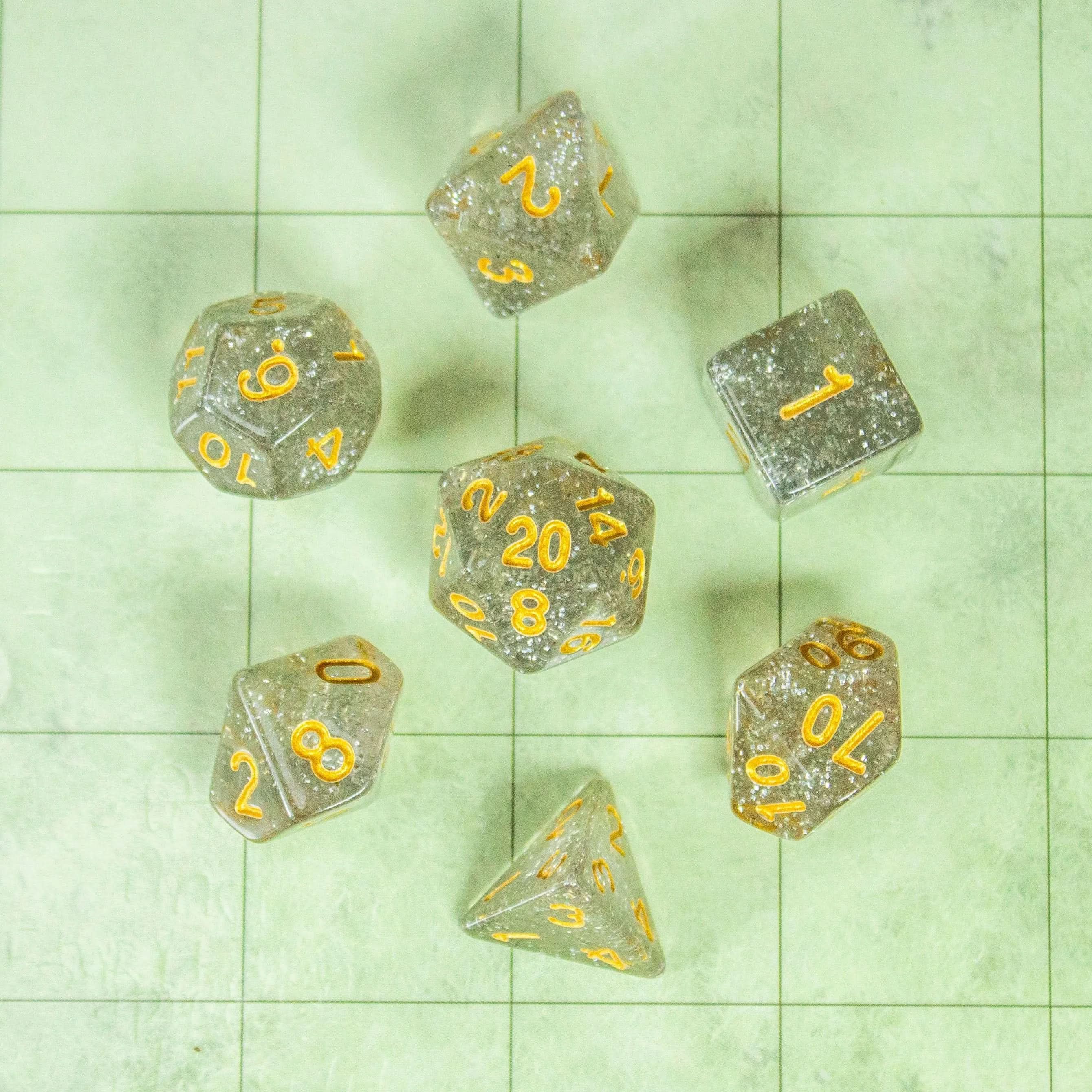 Silver Glitter Shimmer Dice Set | Dice for TTRPG | | Polyhedral White Dice | Gold Numbers - MysteryDiceGoblins