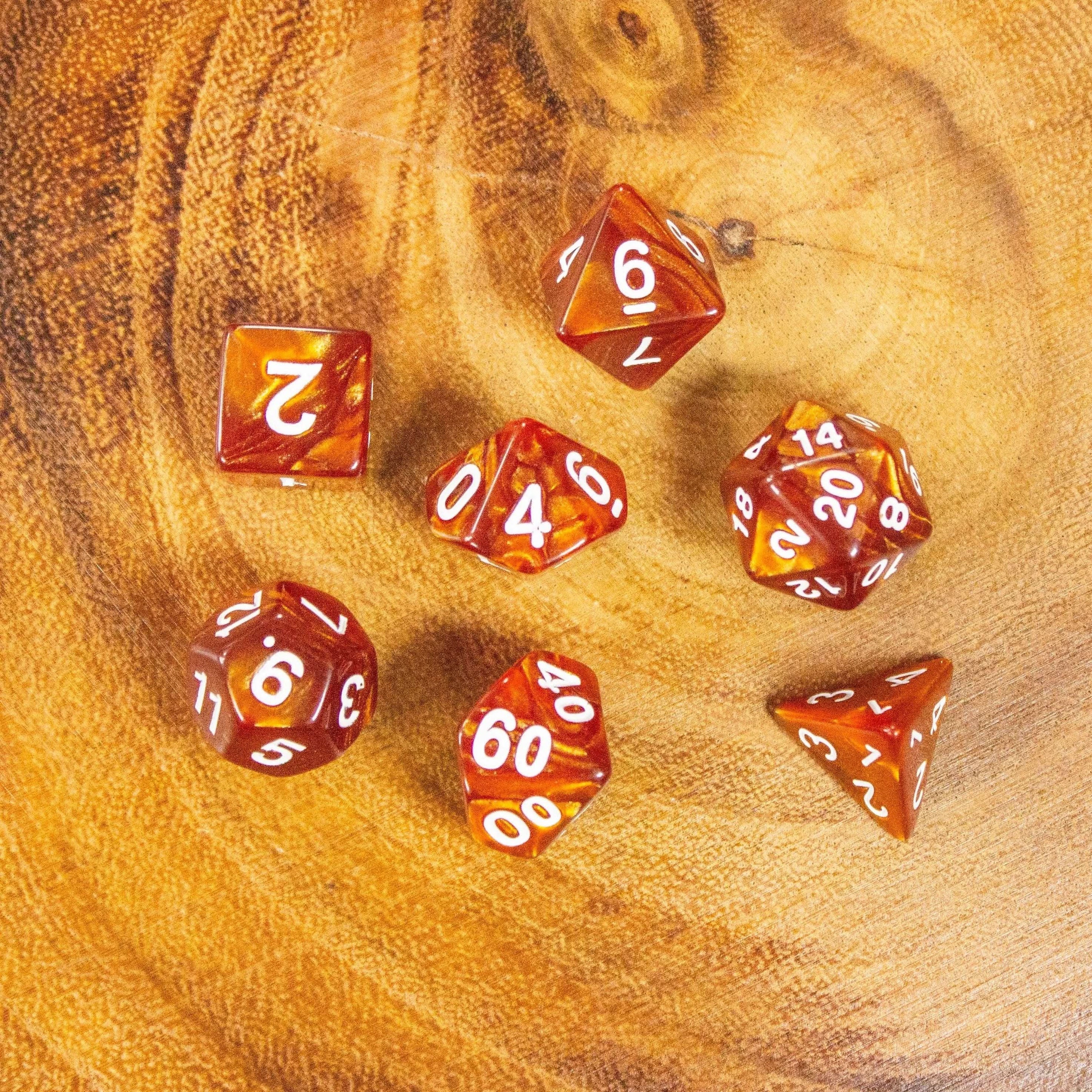 Pearl Brown TTRPG Dice, forge epic tales with these dark Brown swirling beauties with white numbering. Crafting density for ultimate damage - MysteryDiceGoblins