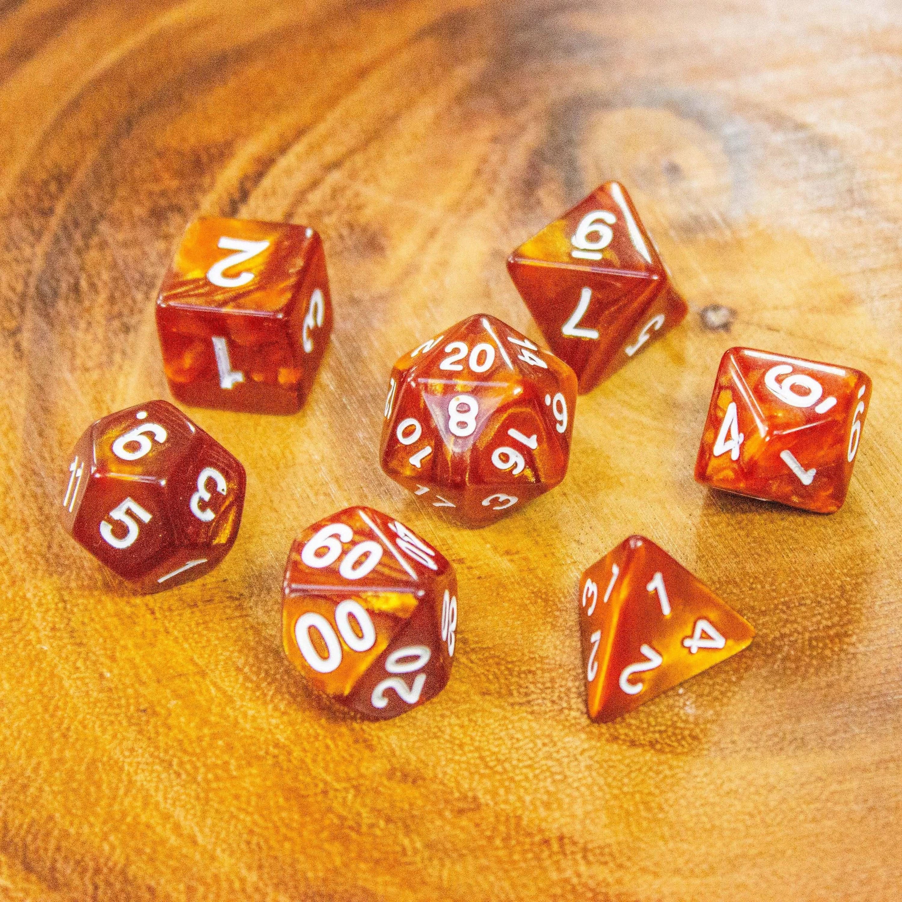 Pearl Brown TTRPG Dice, forge epic tales with these dark Brown swirling beauties with white numbering. Crafting density for ultimate damage - MysteryDiceGoblins