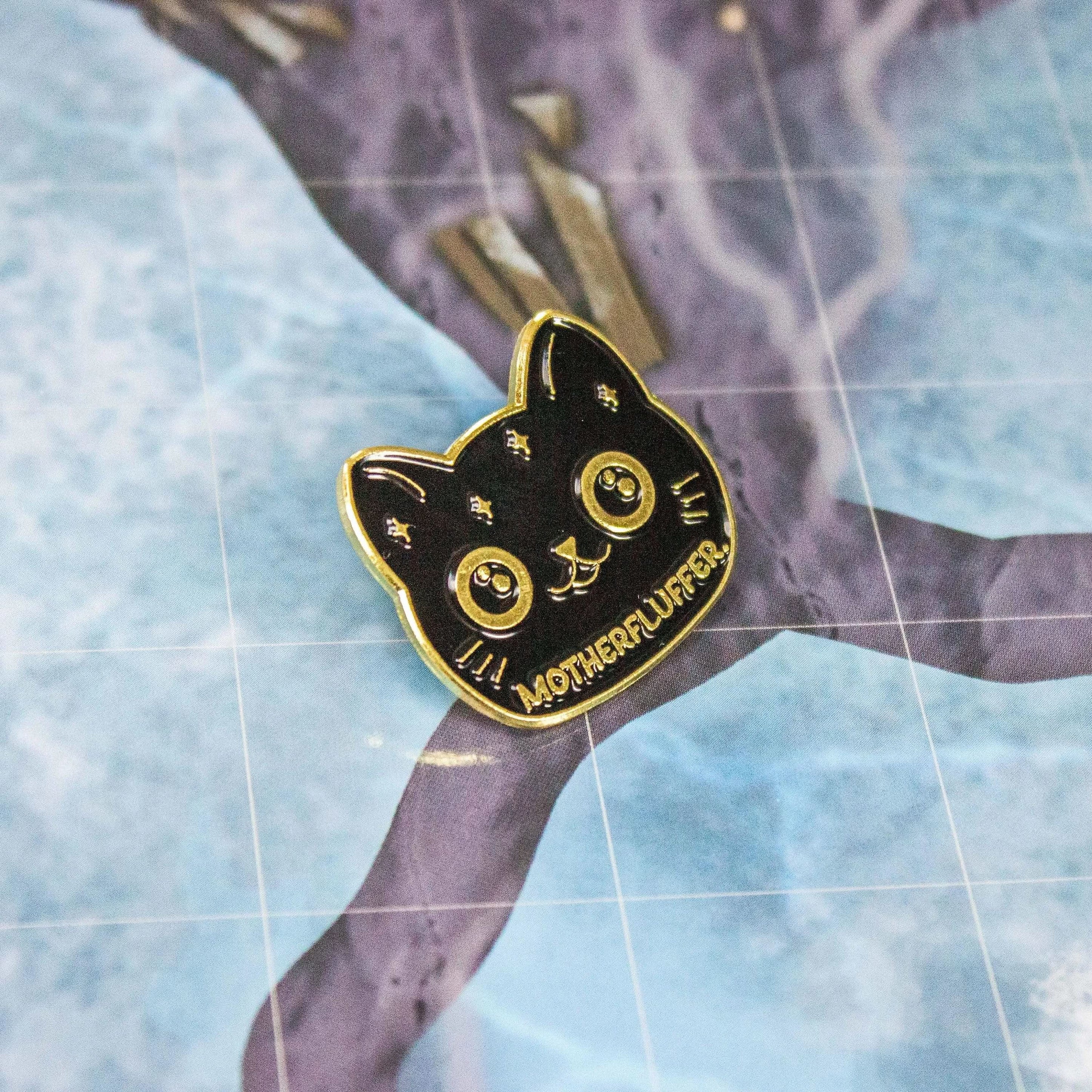 Motherfluffer Black Cat Badge Enamel Pin Broach TTRPG Gold Lined Humerous Joke Gift - MysteryDiceGoblins
