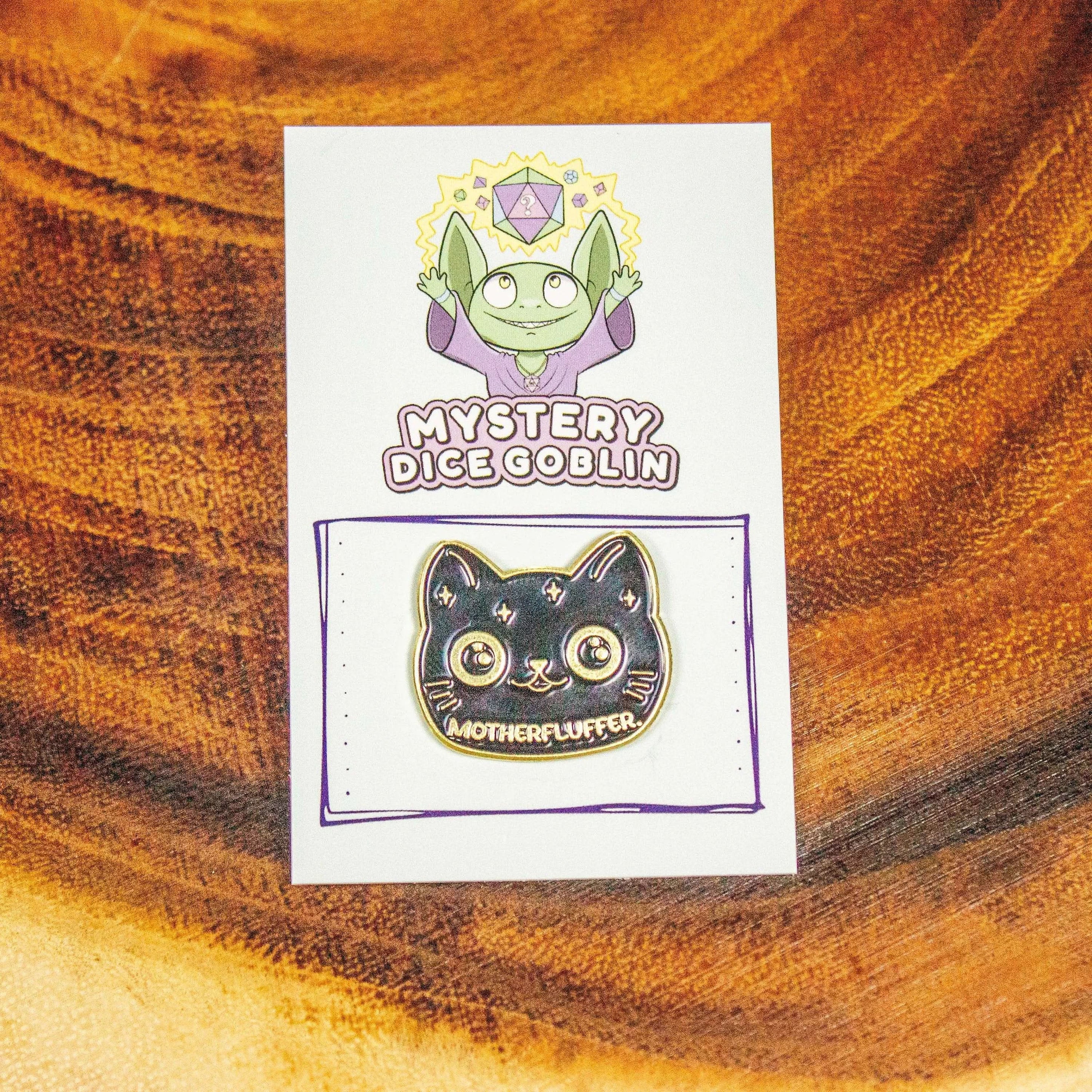 Motherfluffer Black Cat Badge Enamel Pin Broach TTRPG Gold Lined Humerous Joke Gift - MysteryDiceGoblins