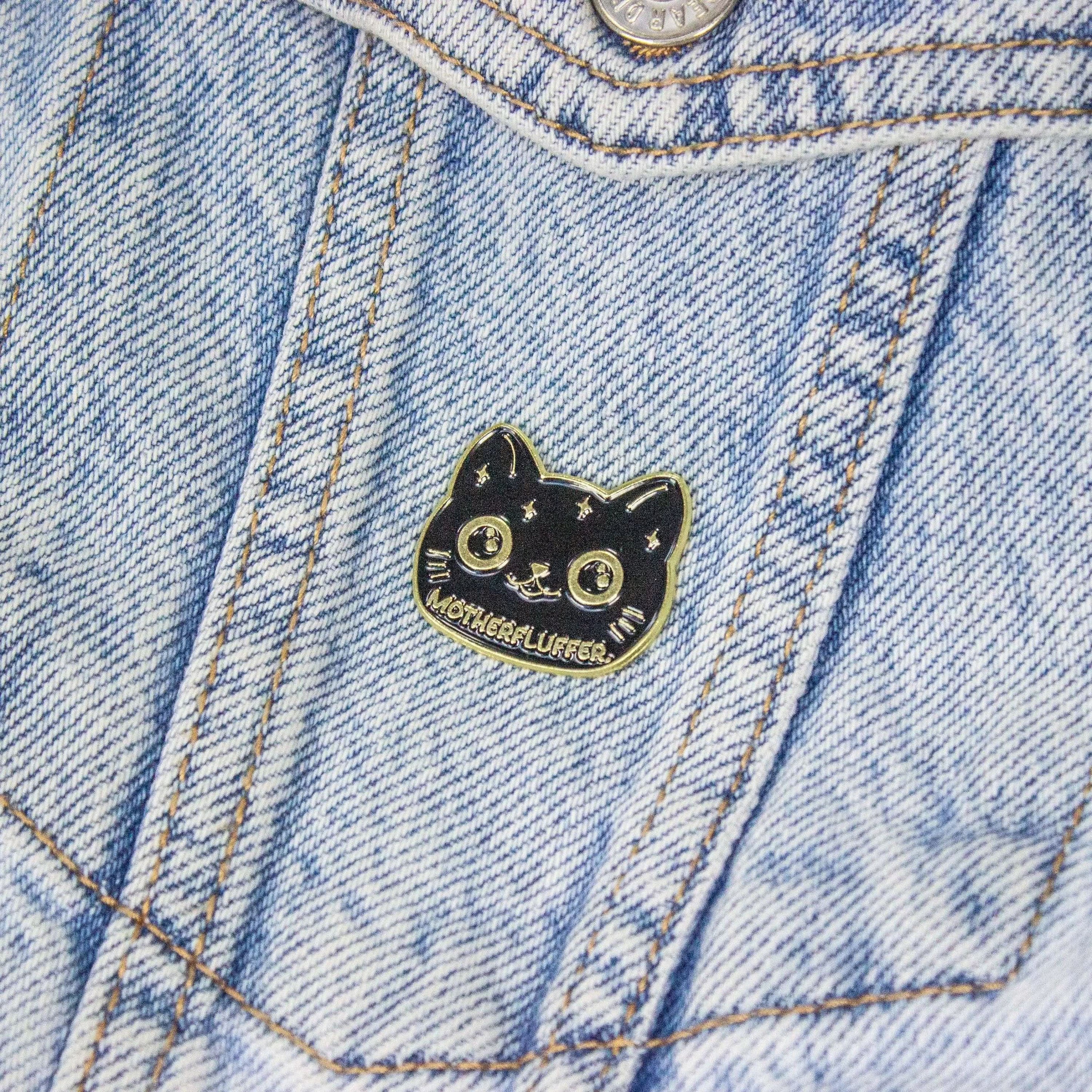 Motherfluffer Black Cat Badge Enamel Pin Broach TTRPG Gold Lined Humerous Joke Gift - MysteryDiceGoblins