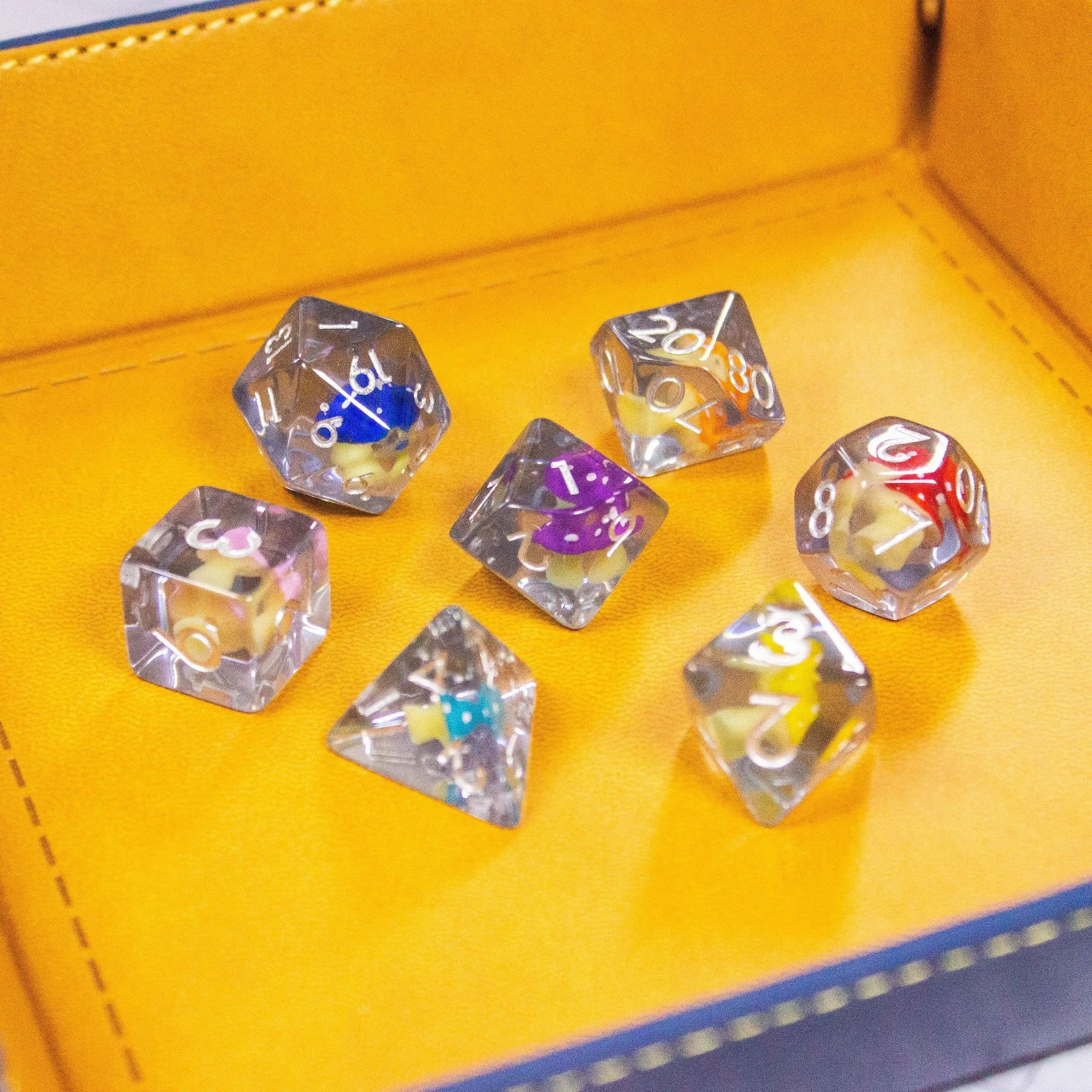 Multi-coloured Mushroom TTRPG Dice Set| Transparent Dice (7) | Polyhedral Dice Rainbow Mushroom - MysteryDiceGoblins