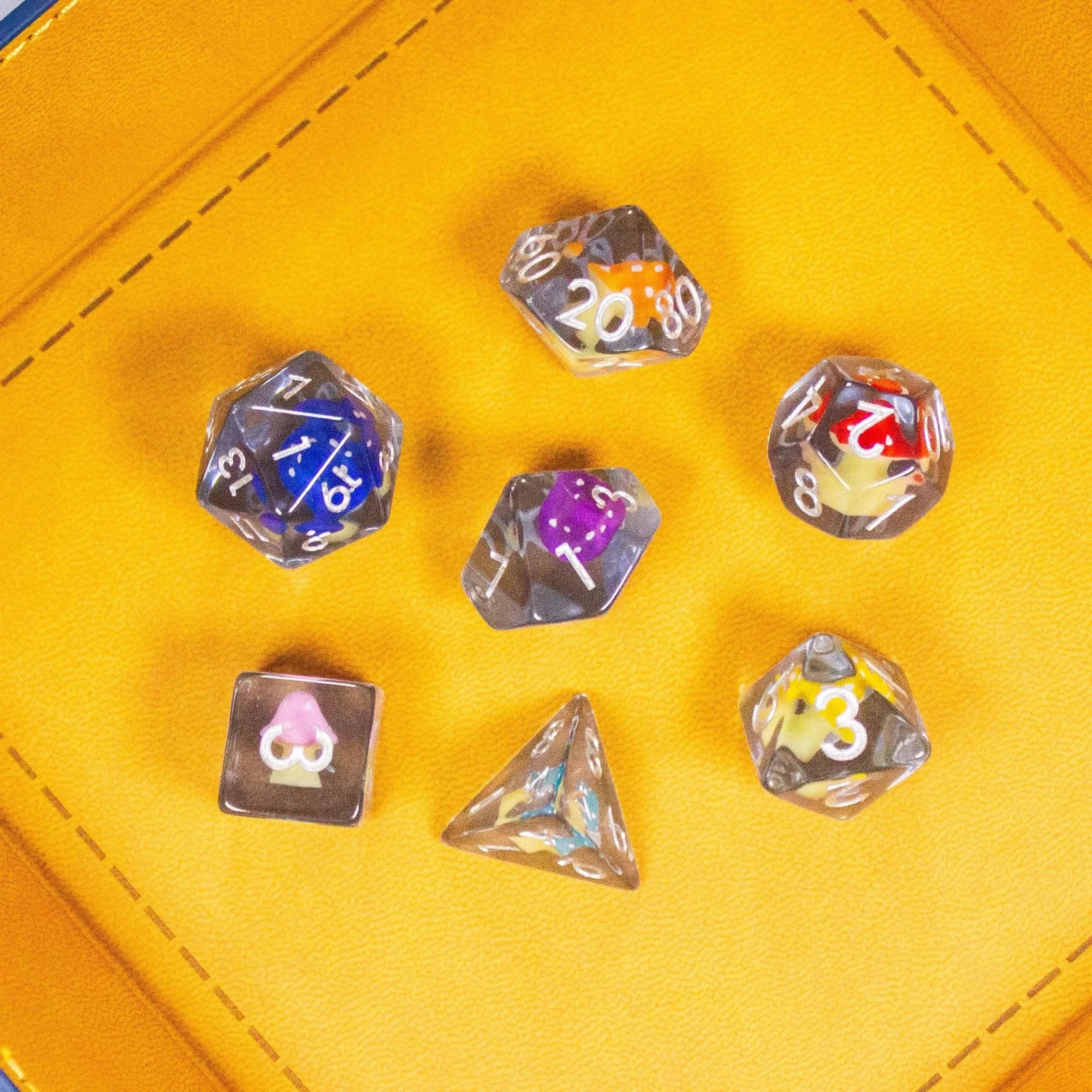Multi-coloured Mushroom TTRPG Dice Set| Transparent Dice (7) | Polyhedral Dice Rainbow Mushroom - MysteryDiceGoblins