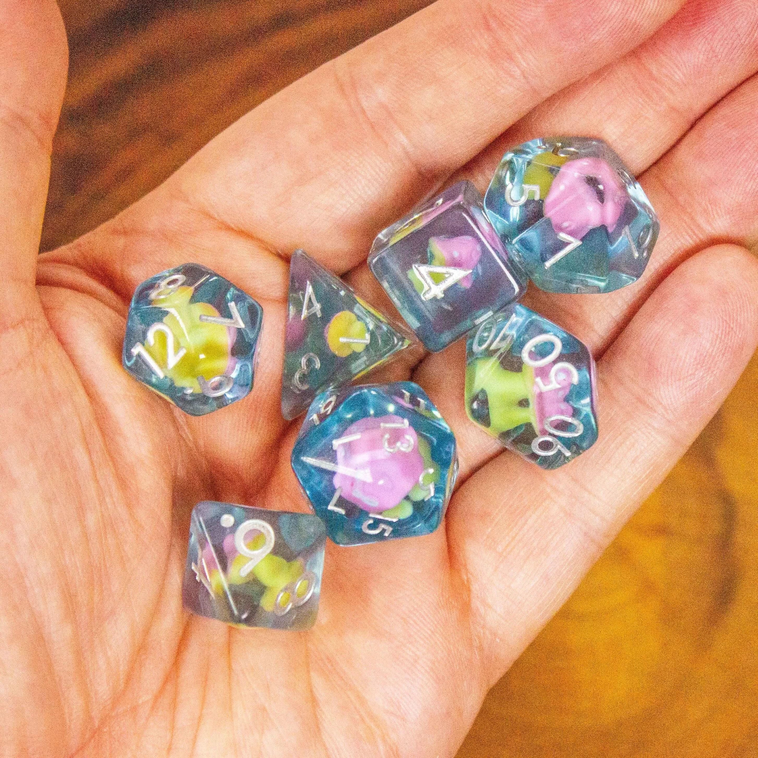 Blue Pink Mushroom TTRPG Dice Set| Transparent Pink Dice (7) | Polyhedral Dice - MysteryDiceGoblins