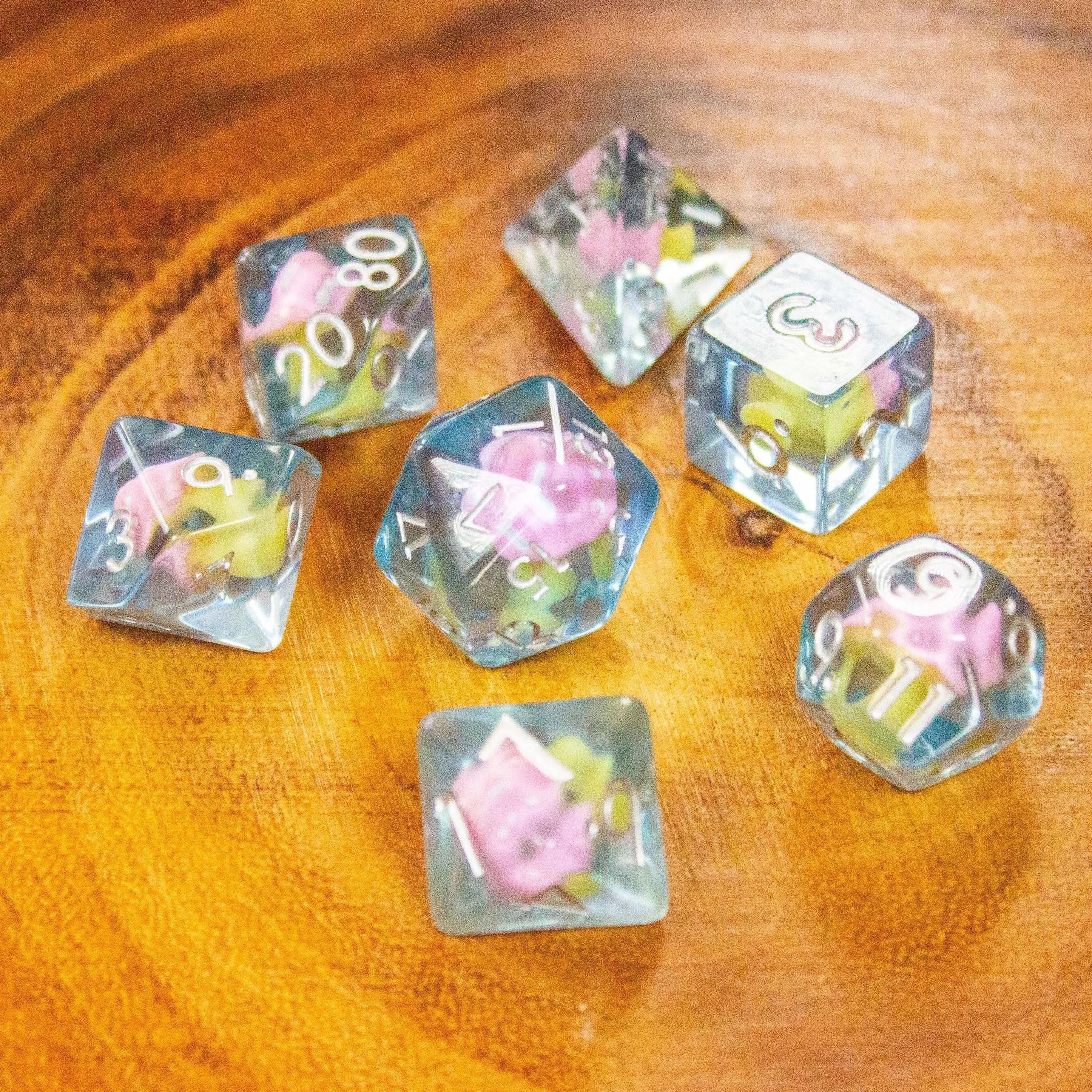 Blue Pink Mushroom TTRPG Dice Set| Transparent Pink Dice (7) | Polyhedral Dice - MysteryDiceGoblins