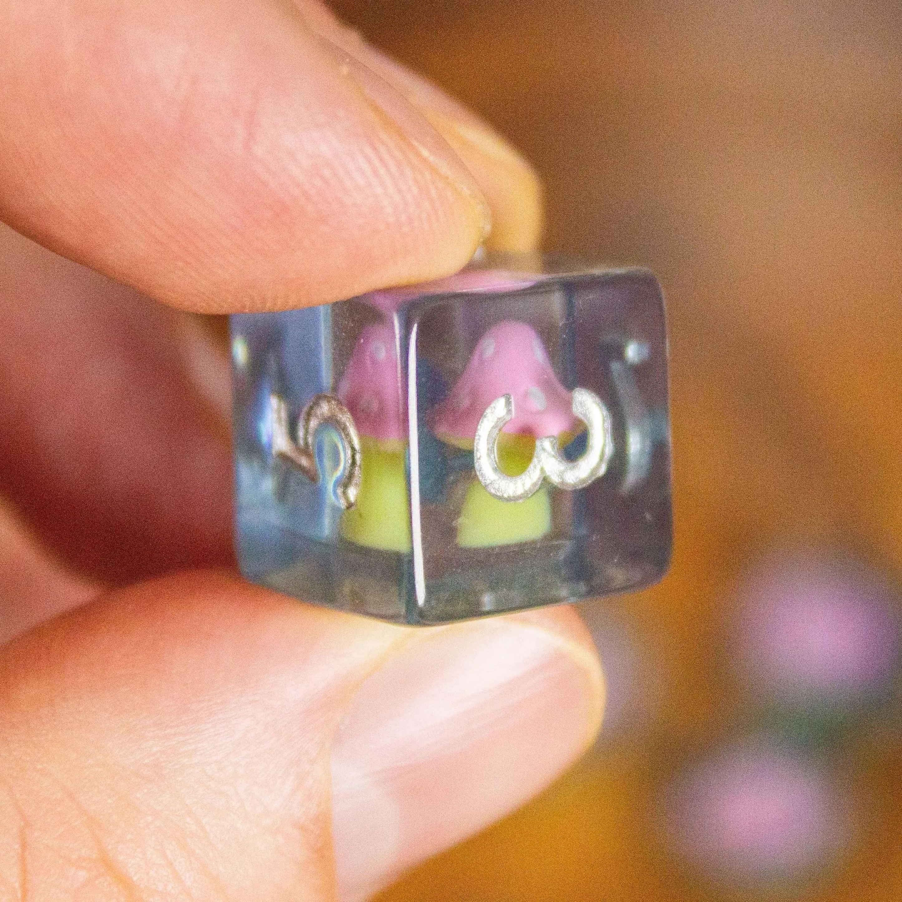 Blue Pink Mushroom TTRPG Dice Set| Transparent Pink Dice (7) | Polyhedral Dice - MysteryDiceGoblins