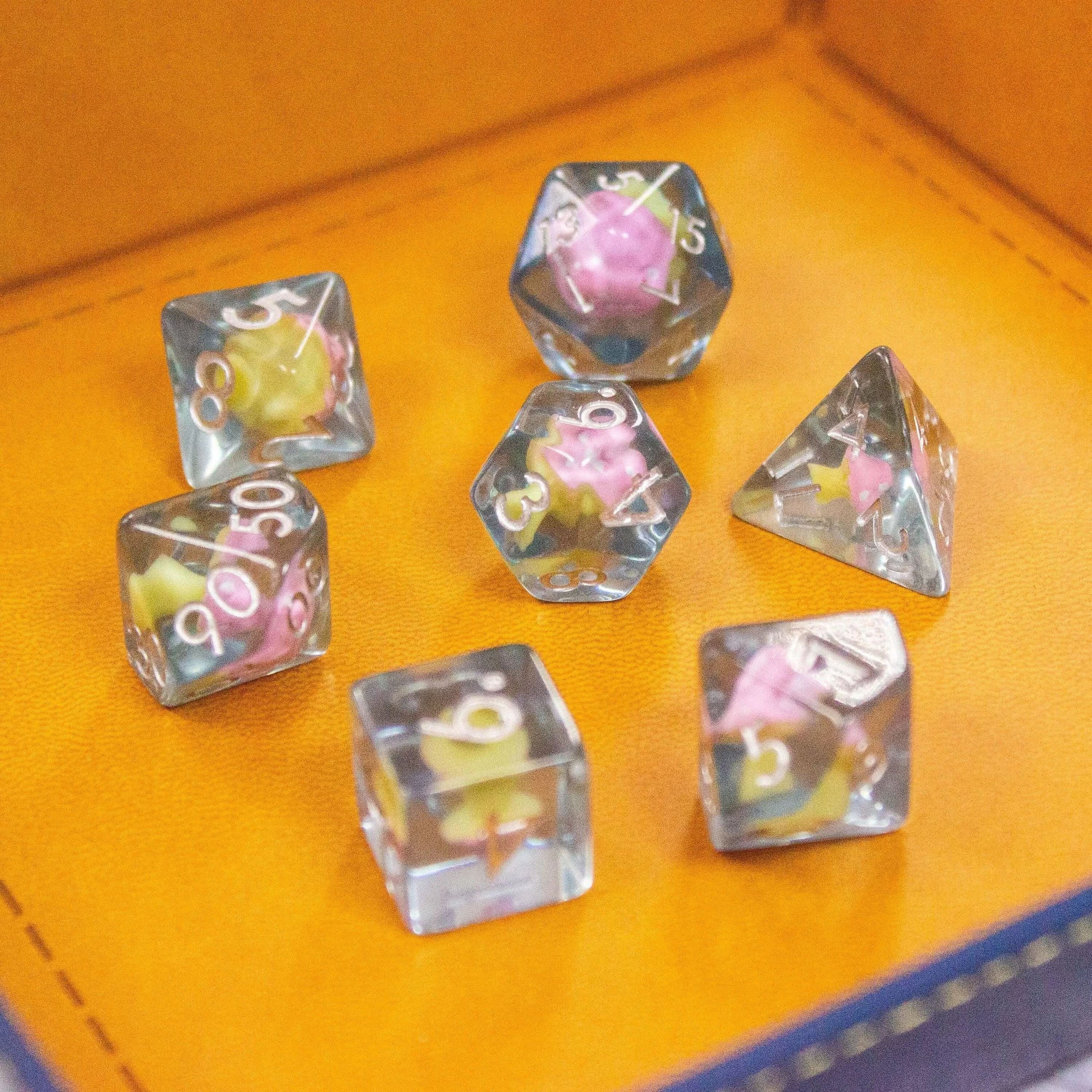 Blue Pink Mushroom TTRPG Dice Set| Transparent Pink Dice (7) | Polyhedral Dice - MysteryDiceGoblins