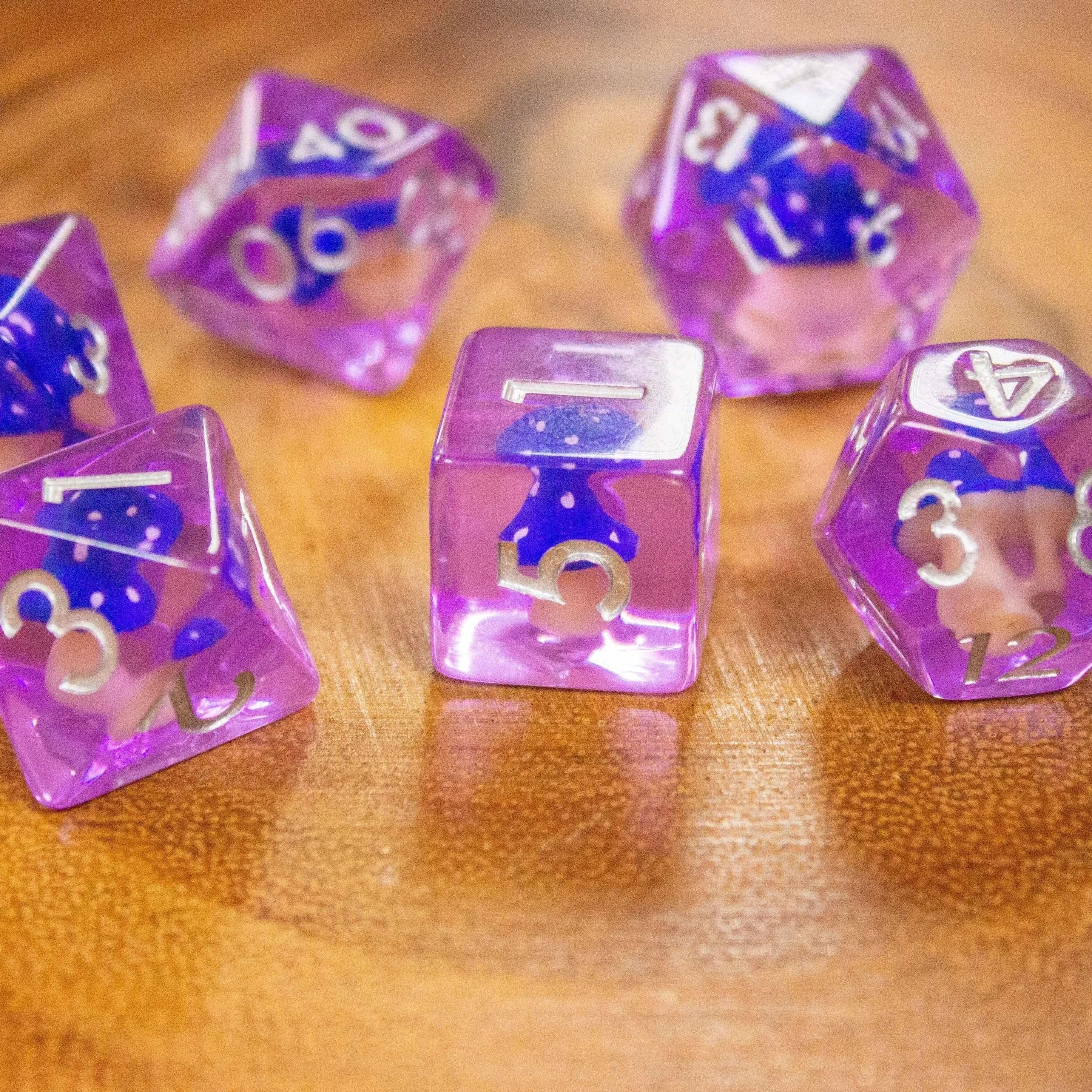 Purple Blue Mushroom TTRPG Dice Set| Transparent Purple Dice (7) | Polyhedral Dice - MysteryDiceGoblins