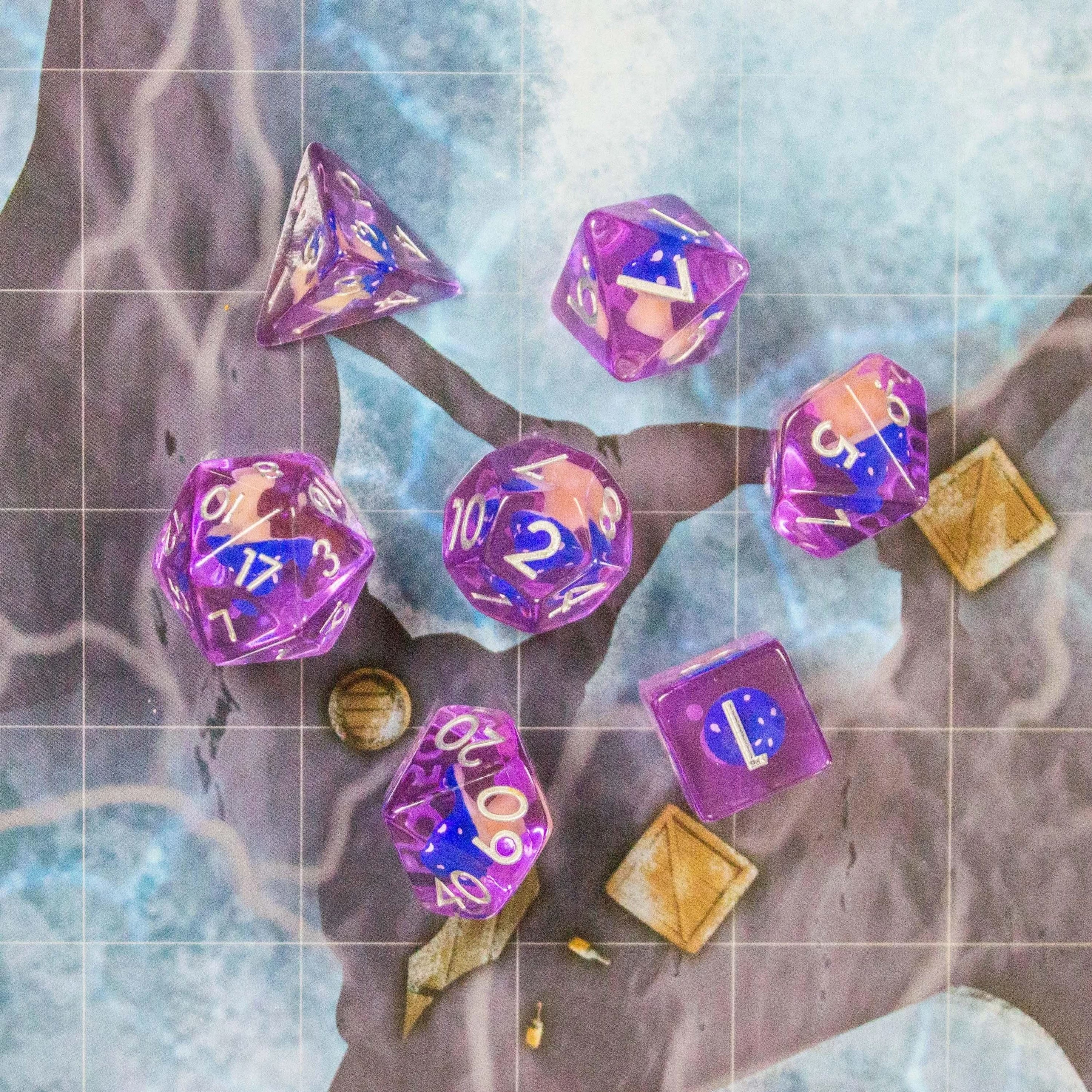 Purple Blue Mushroom TTRPG Dice Set| Transparent Purple Dice (7) | Polyhedral Dice - MysteryDiceGoblins