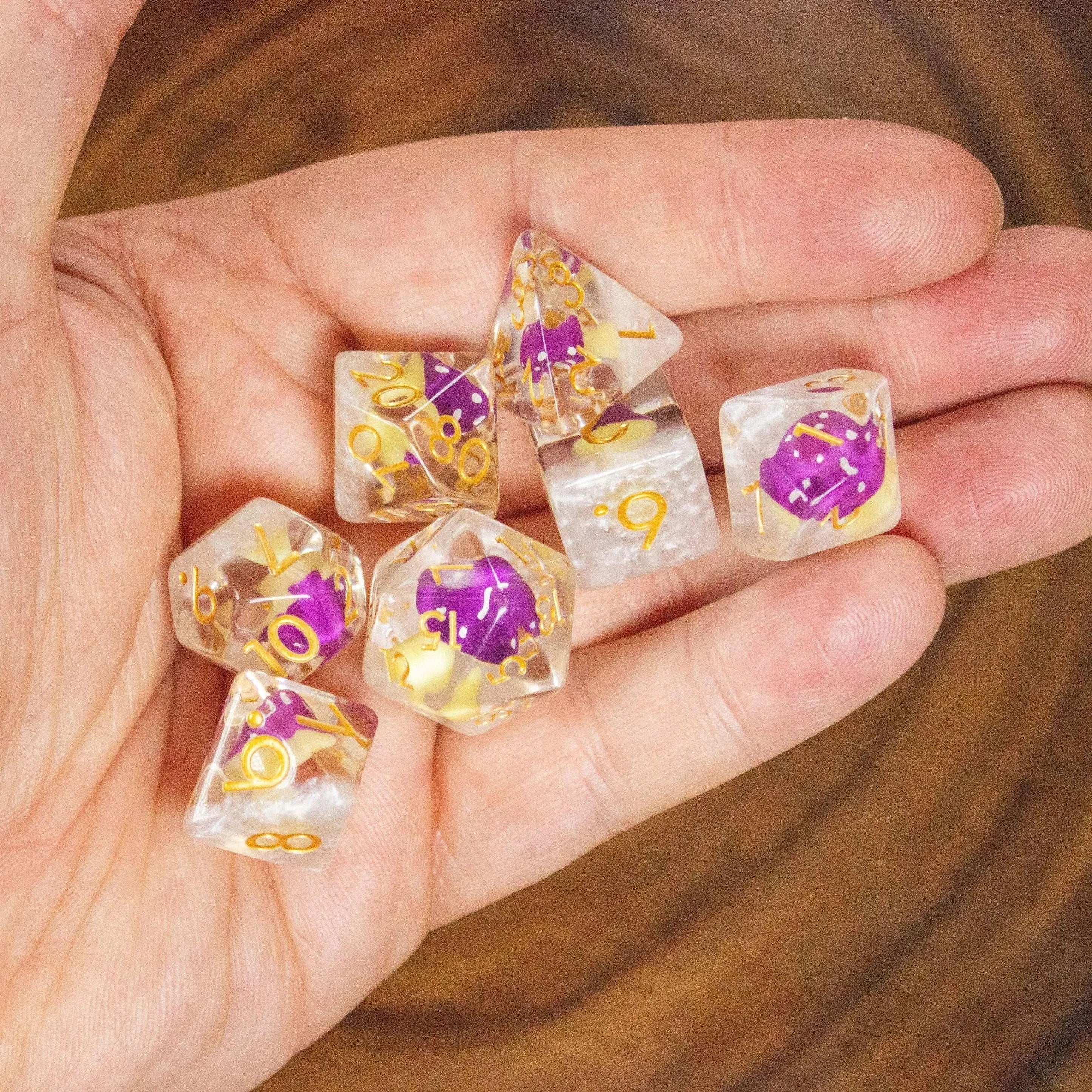 White Purple Mushroom TTRPG Dice Set| Transparent Purple Dice (7) | Polyhedral Dice - MysteryDiceGoblins