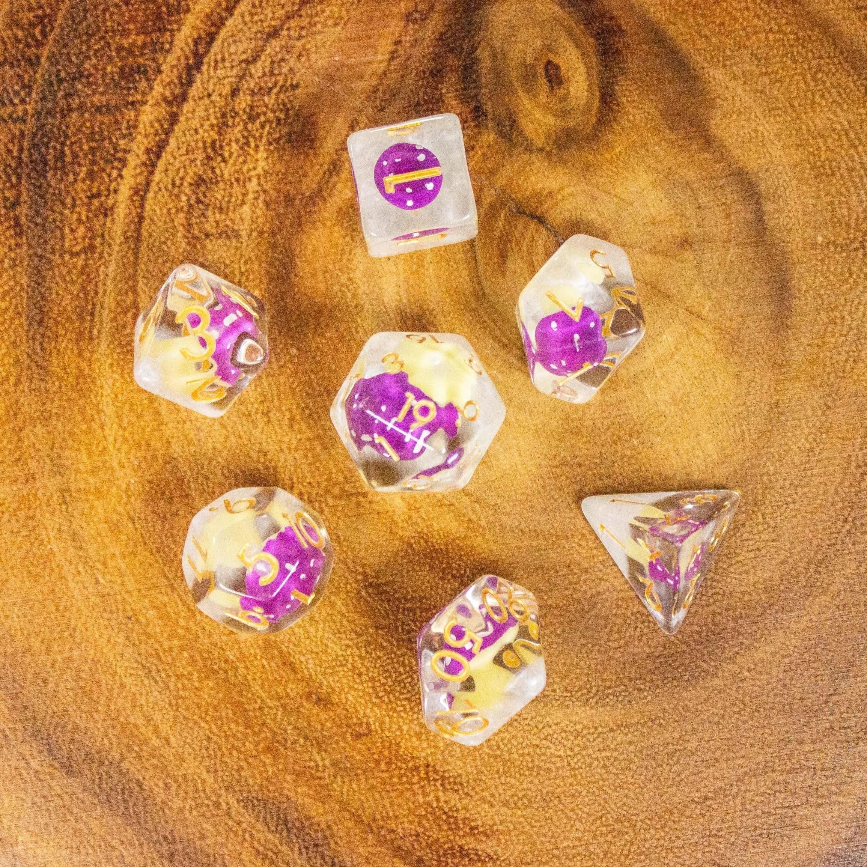 White Purple Mushroom TTRPG Dice Set| Transparent Purple Dice (7) | Polyhedral Dice - MysteryDiceGoblins