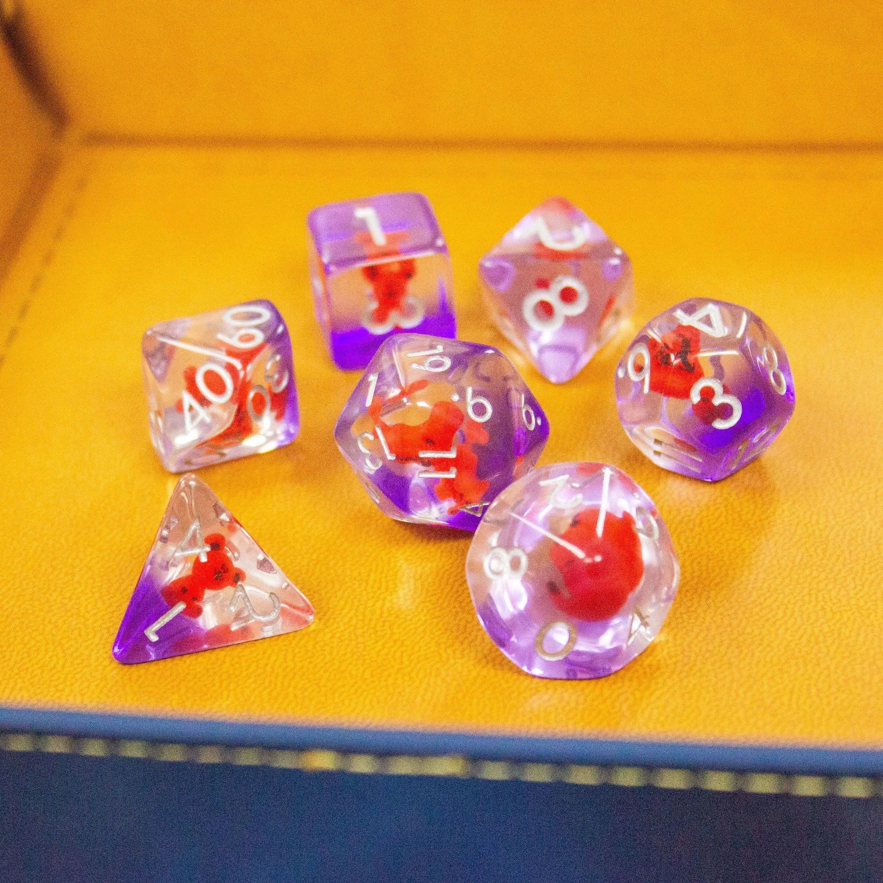 Red Bear TTRPG Dice Set| Transparent Purple See through Dice (7) | Polyhedral Dice - MysteryDiceGoblins