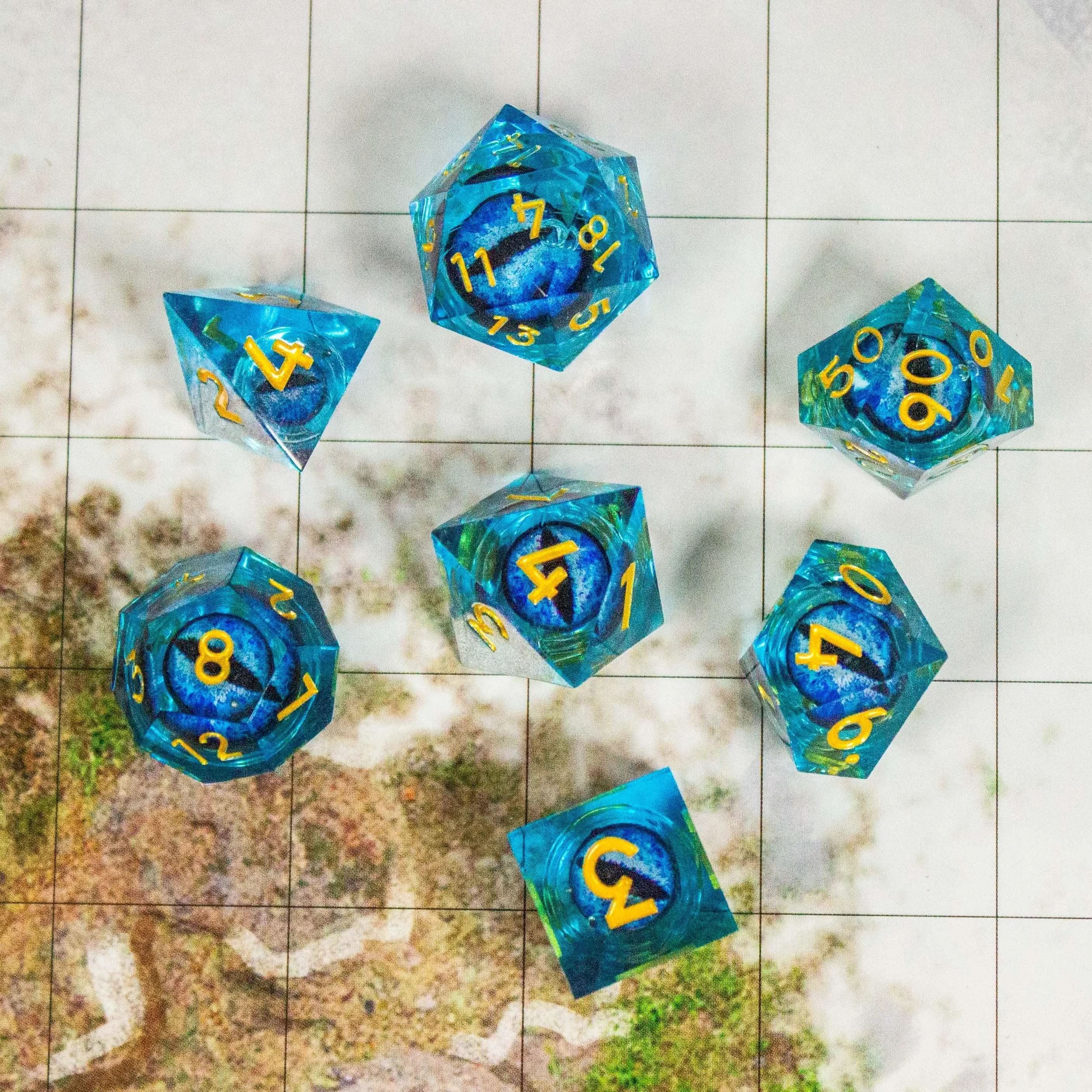 Liquid Core Moving Blue Snake Eye TTRPG Dice. Sharp Edged Dice TTRPG - MysteryDiceGoblins