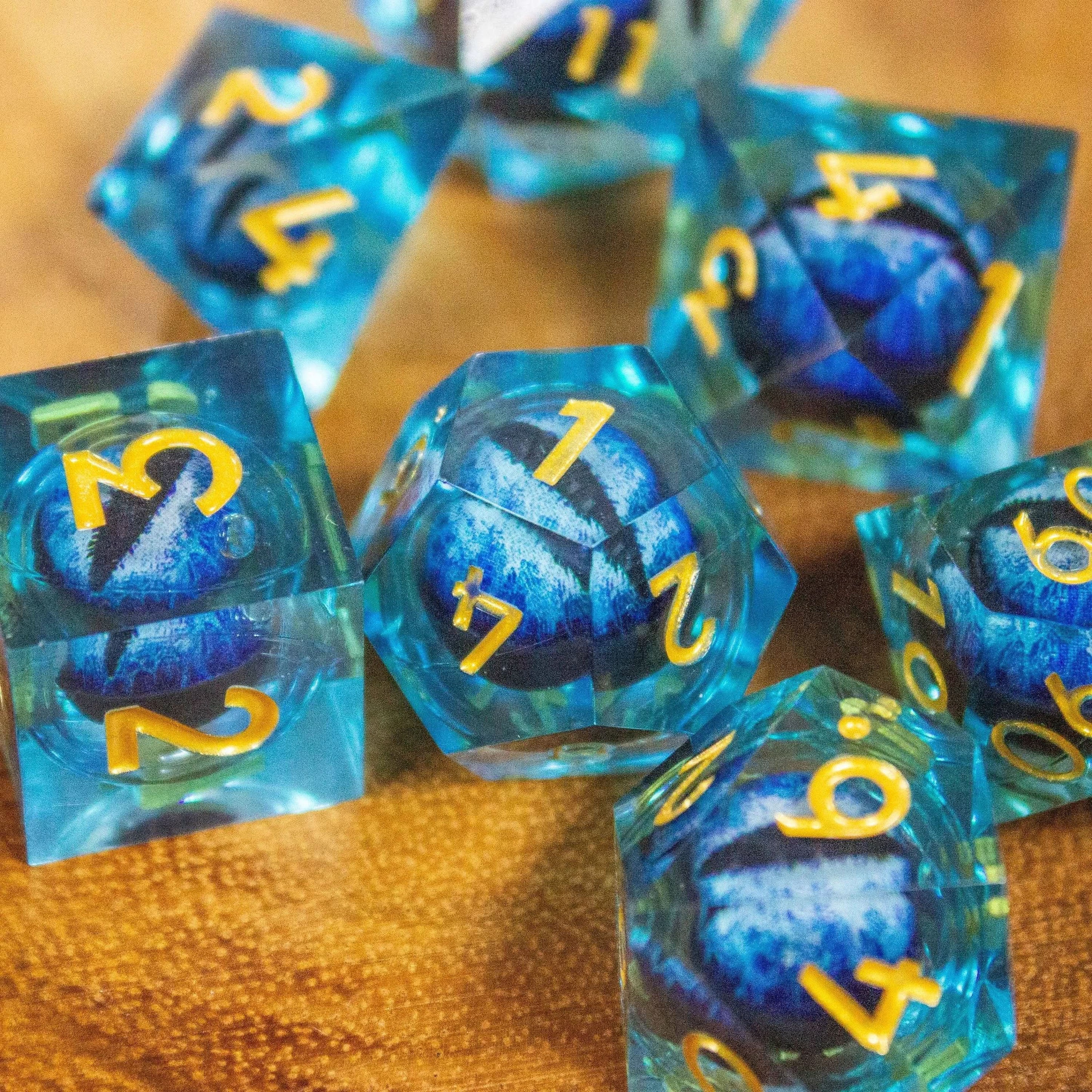 Liquid Core Moving Blue Snake Eye TTRPG Dice. Sharp Edged Dice TTRPG - MysteryDiceGoblins