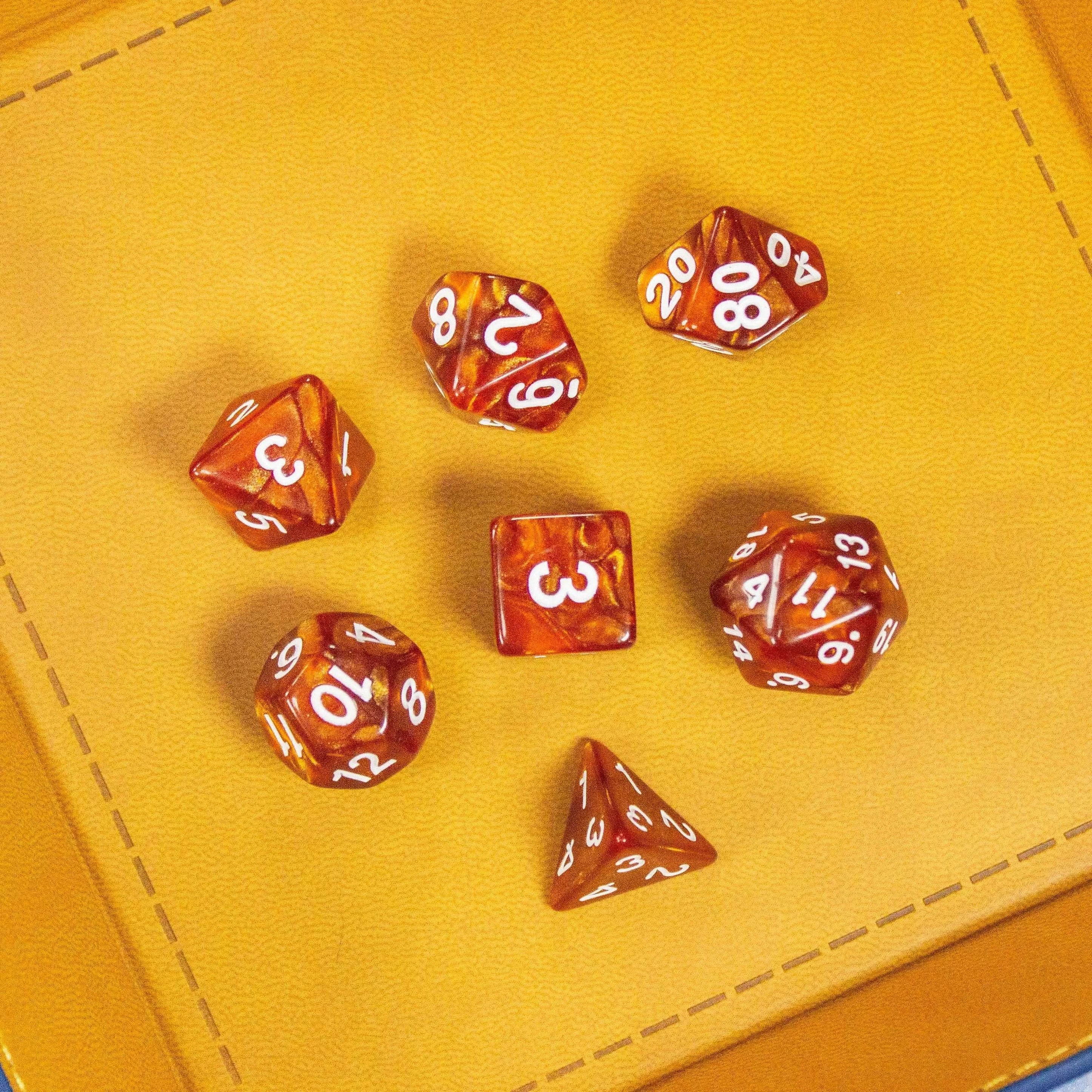 Pearl Brown TTRPG Dice, forge epic tales with these dark Brown swirling beauties with white numbering. Crafting density for ultimate damage - MysteryDiceGoblins