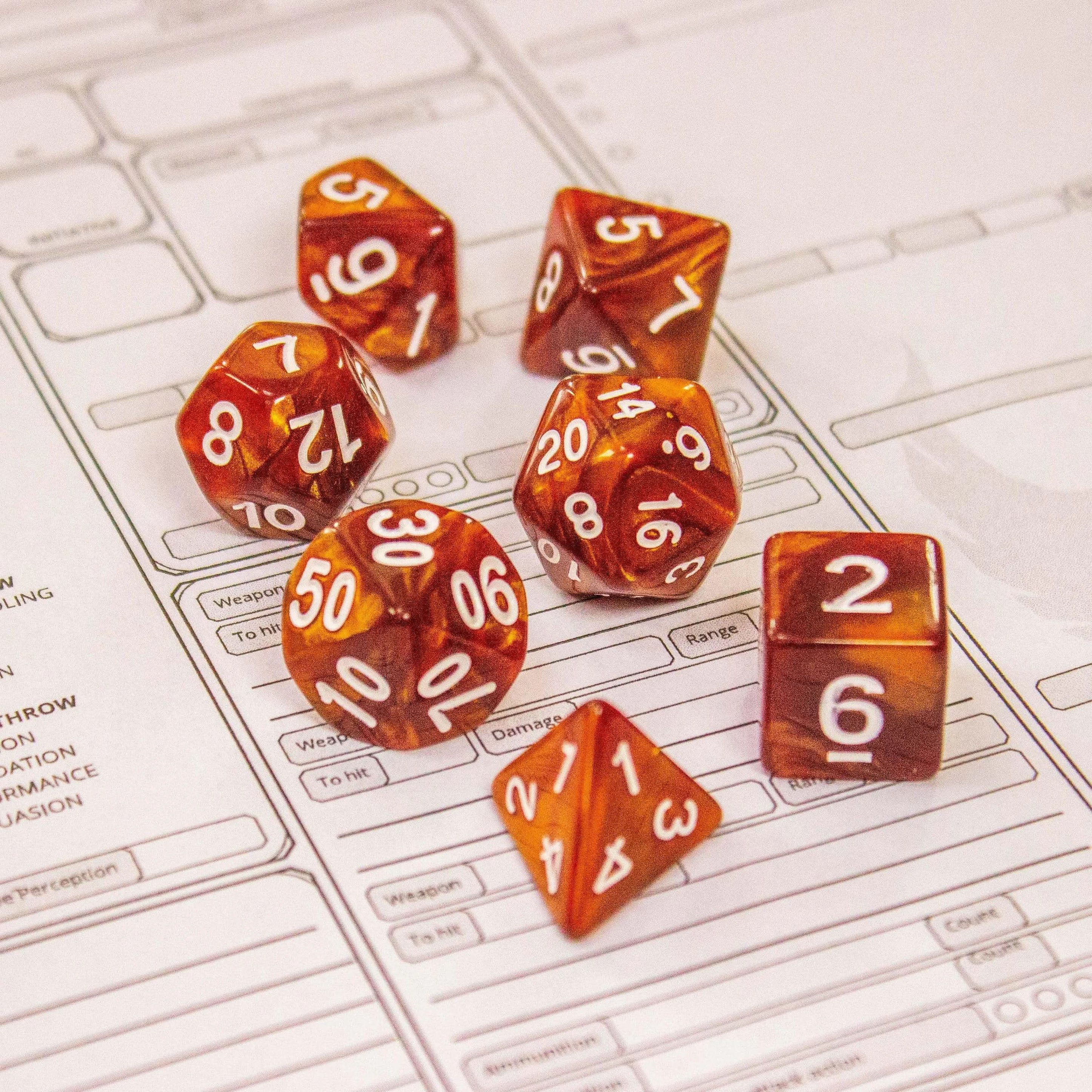 Pearl Brown TTRPG Dice, forge epic tales with these dark Brown swirling beauties with white numbering. Crafting density for ultimate damage - MysteryDiceGoblins
