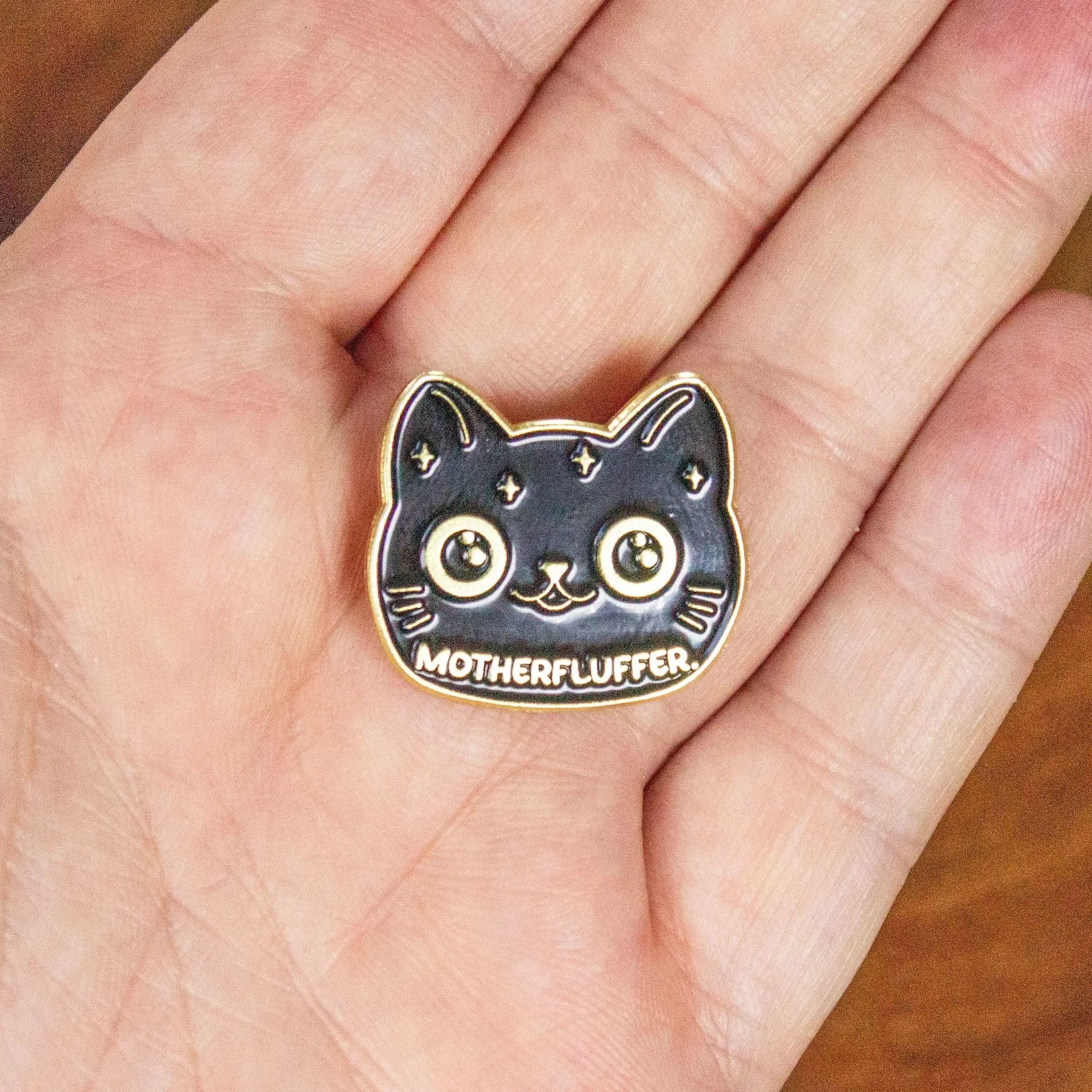 Motherfluffer Black Cat Badge Enamel Pin Broach TTRPG Gold Lined Humerous Joke Gift - MysteryDiceGoblins