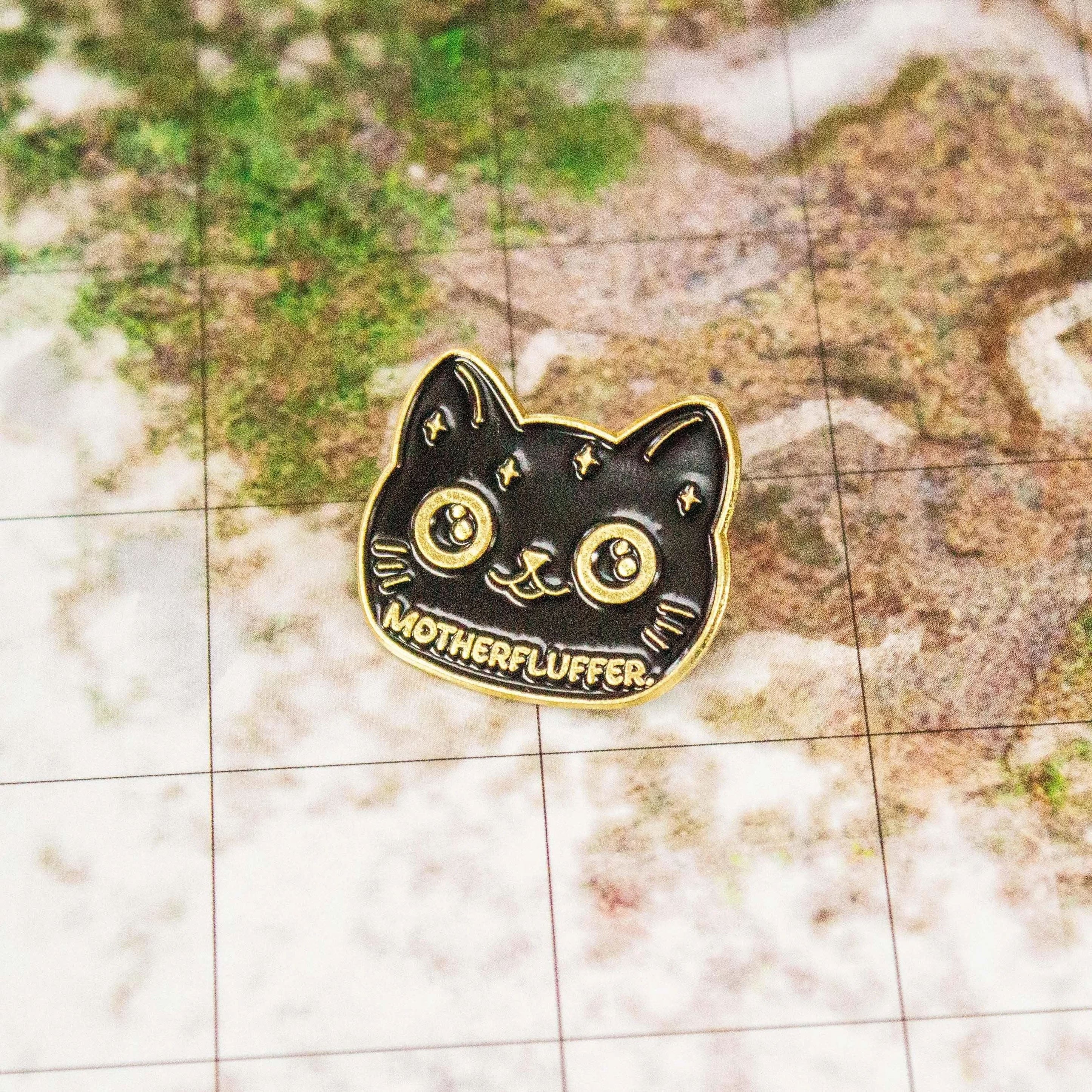 Motherfluffer Black Cat Badge Enamel Pin Broach TTRPG Gold Lined Humerous Joke Gift - MysteryDiceGoblins