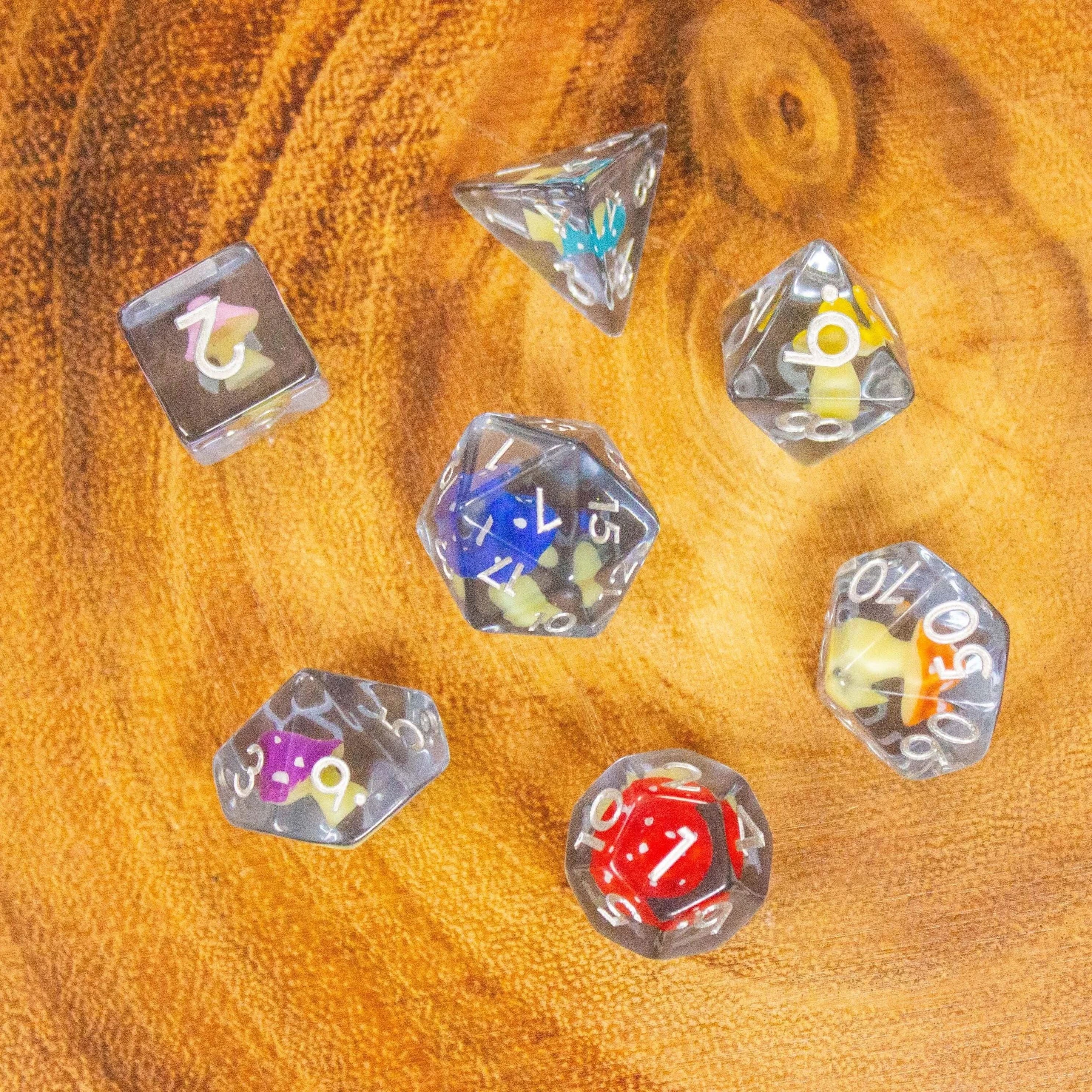 Multi-coloured Mushroom TTRPG Dice Set| Transparent Dice (7) | Polyhedral Dice Rainbow Mushroom - MysteryDiceGoblins
