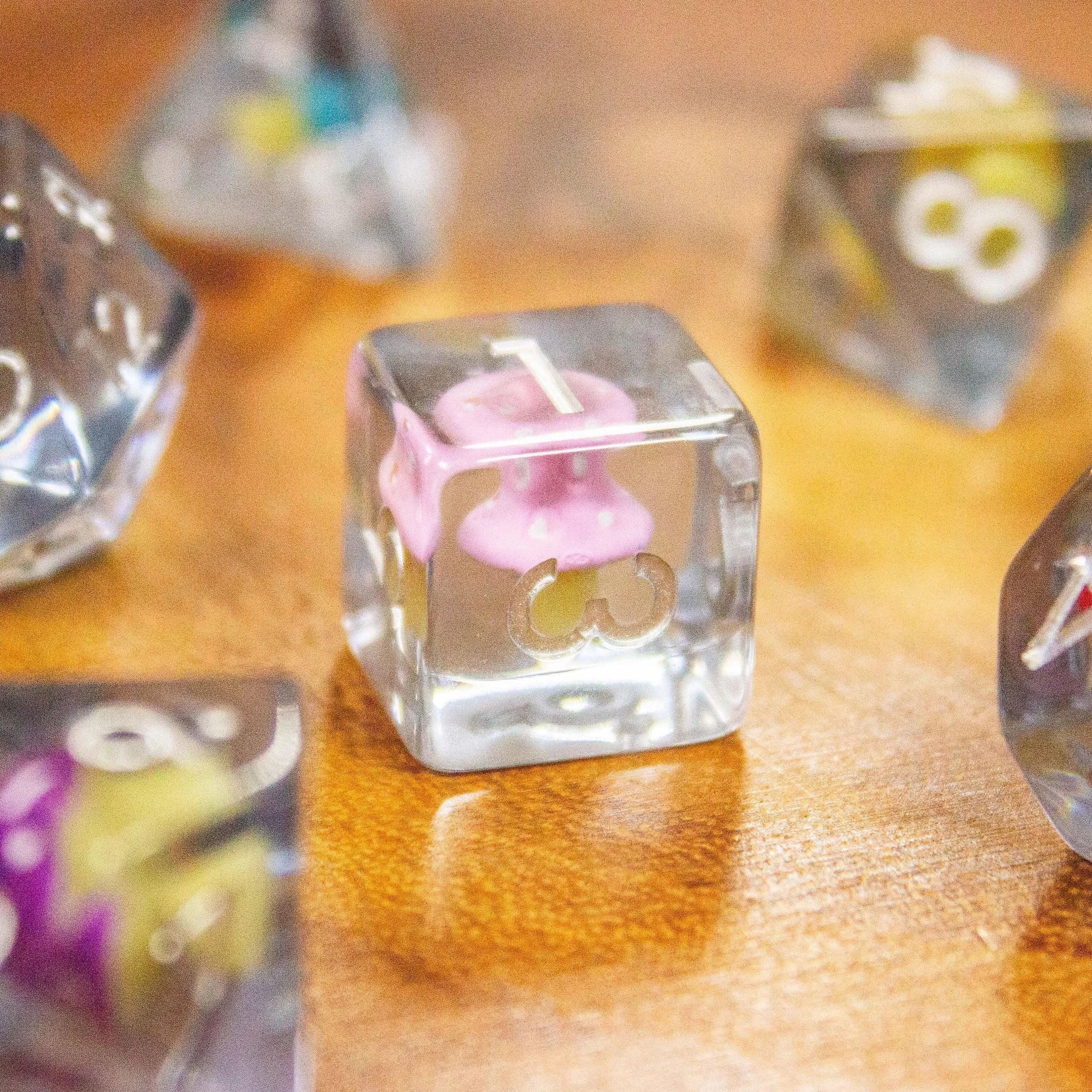 Multi-coloured Mushroom TTRPG Dice Set| Transparent Dice (7) | Polyhedral Dice Rainbow Mushroom - MysteryDiceGoblins