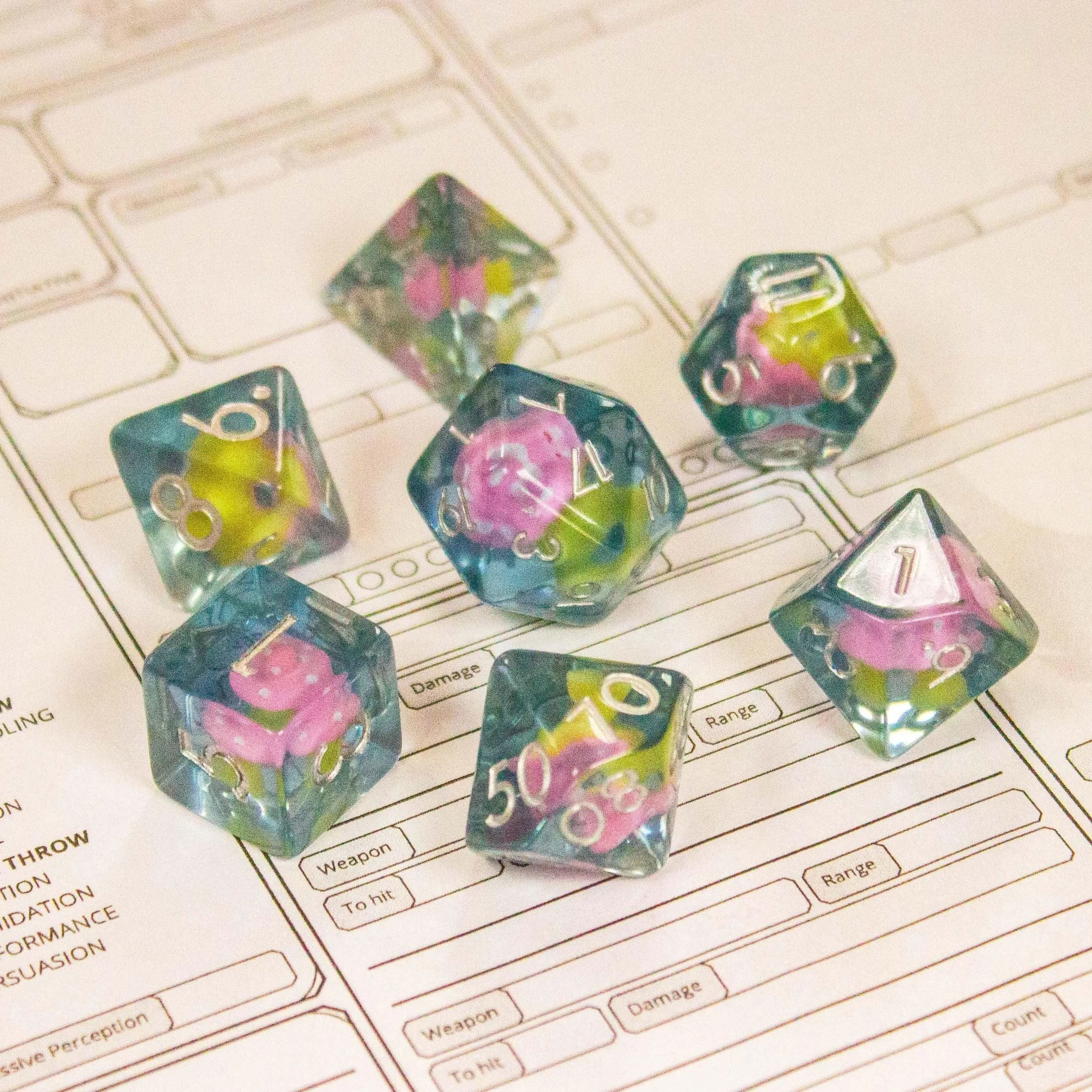 Blue Pink Mushroom TTRPG Dice Set| Transparent Pink Dice (7) | Polyhedral Dice - MysteryDiceGoblins