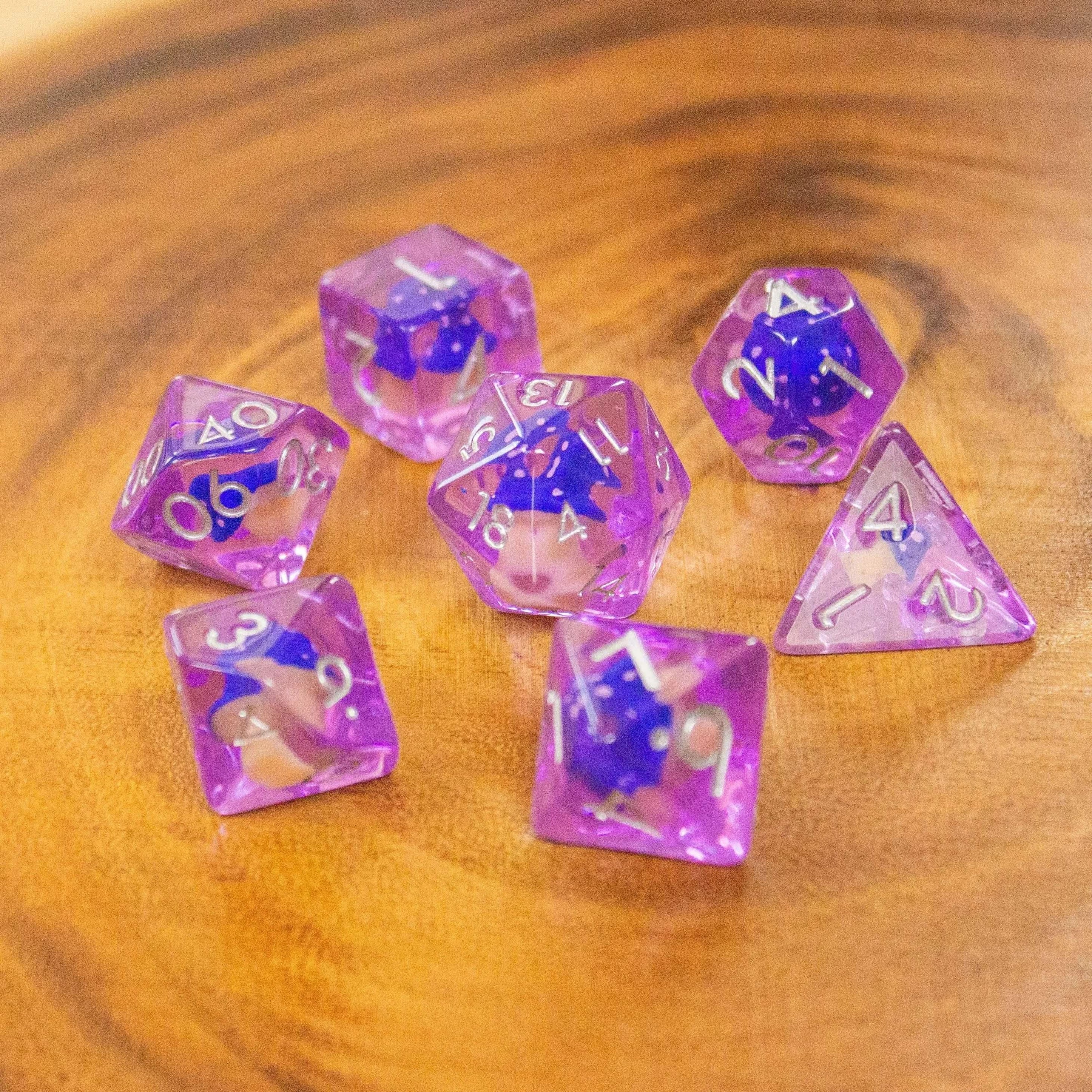 Purple Blue Mushroom TTRPG Dice Set| Transparent Purple Dice (7) | Polyhedral Dice - MysteryDiceGoblins