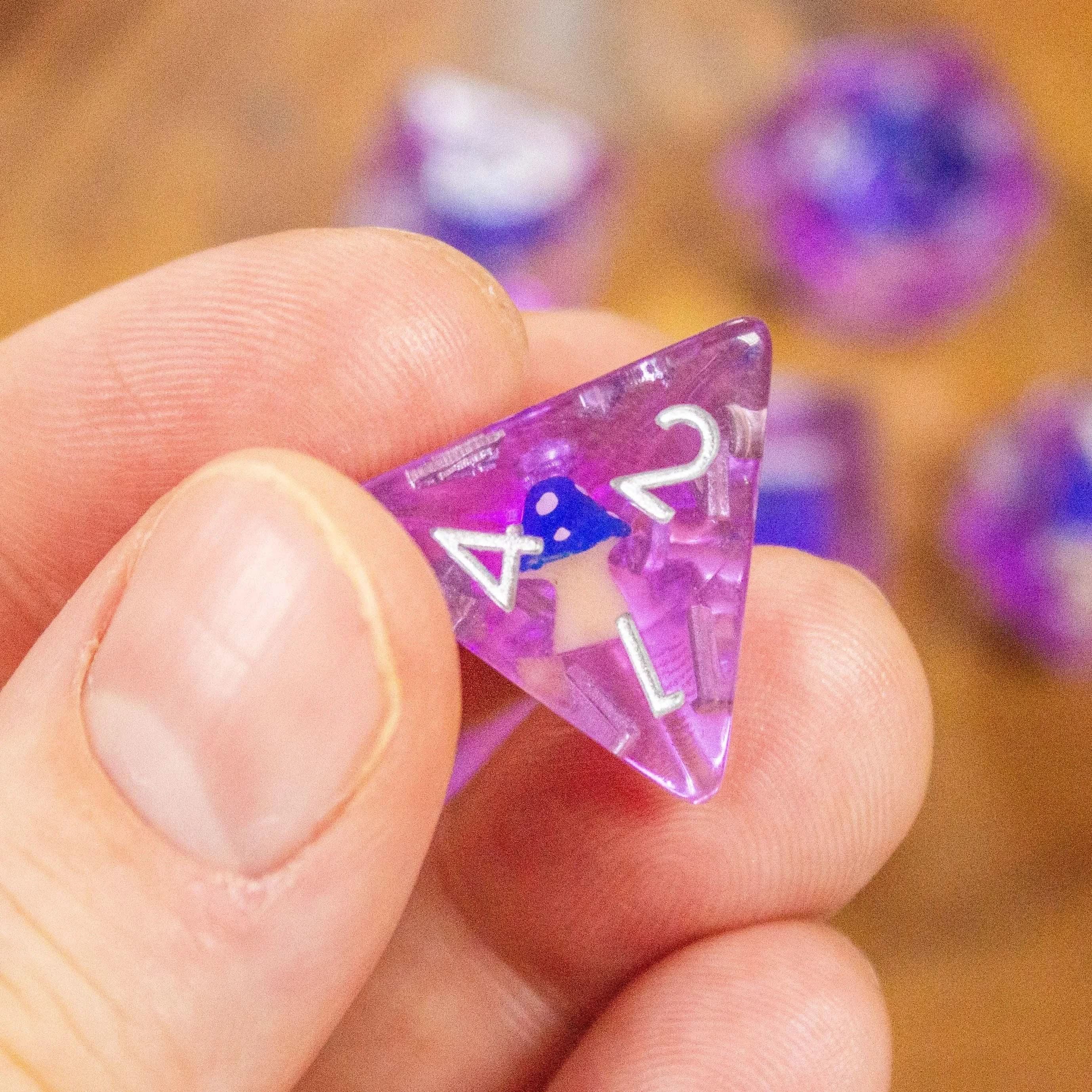 Purple Blue Mushroom TTRPG Dice Set| Transparent Purple Dice (7) | Polyhedral Dice - MysteryDiceGoblins