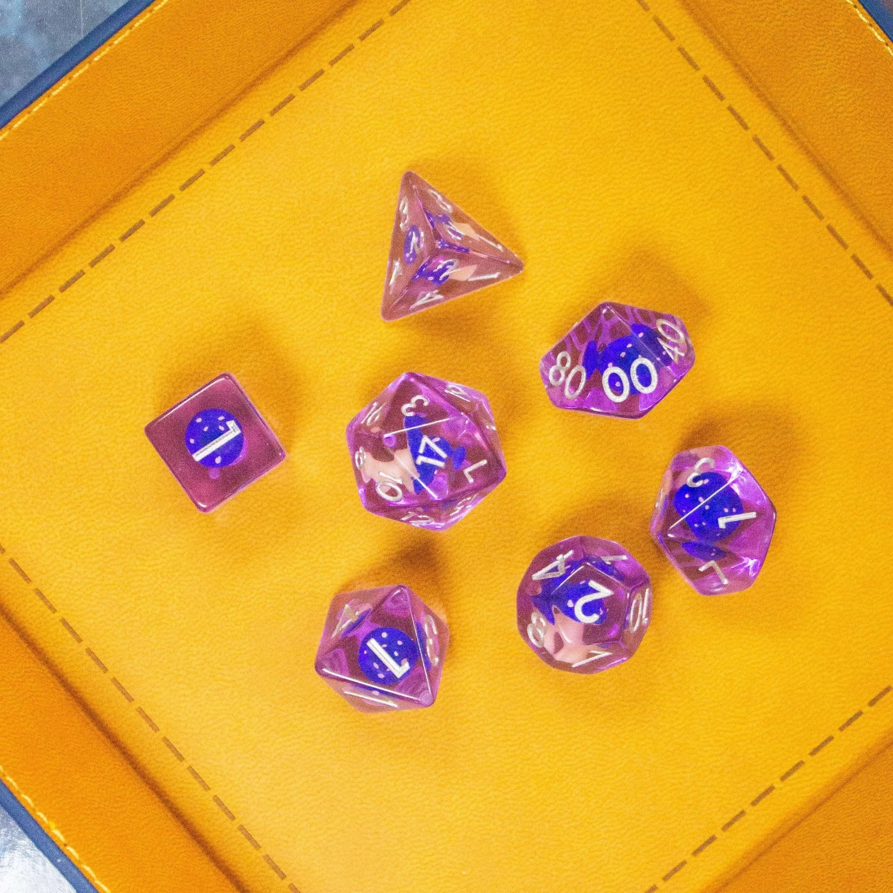 Purple Blue Mushroom TTRPG Dice Set| Transparent Purple Dice (7) | Polyhedral Dice - MysteryDiceGoblins