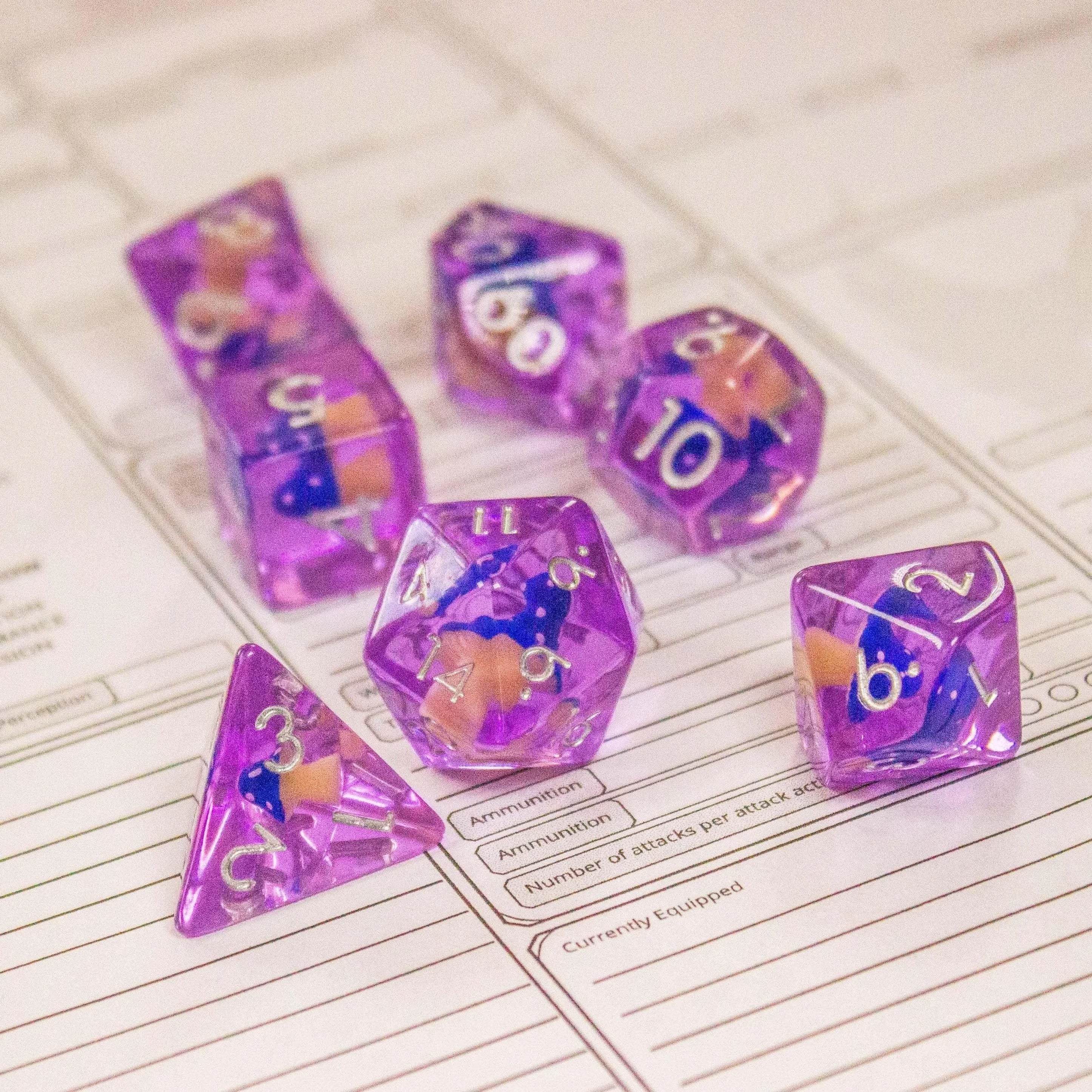 Purple Blue Mushroom TTRPG Dice Set| Transparent Purple Dice (7) | Polyhedral Dice - MysteryDiceGoblins