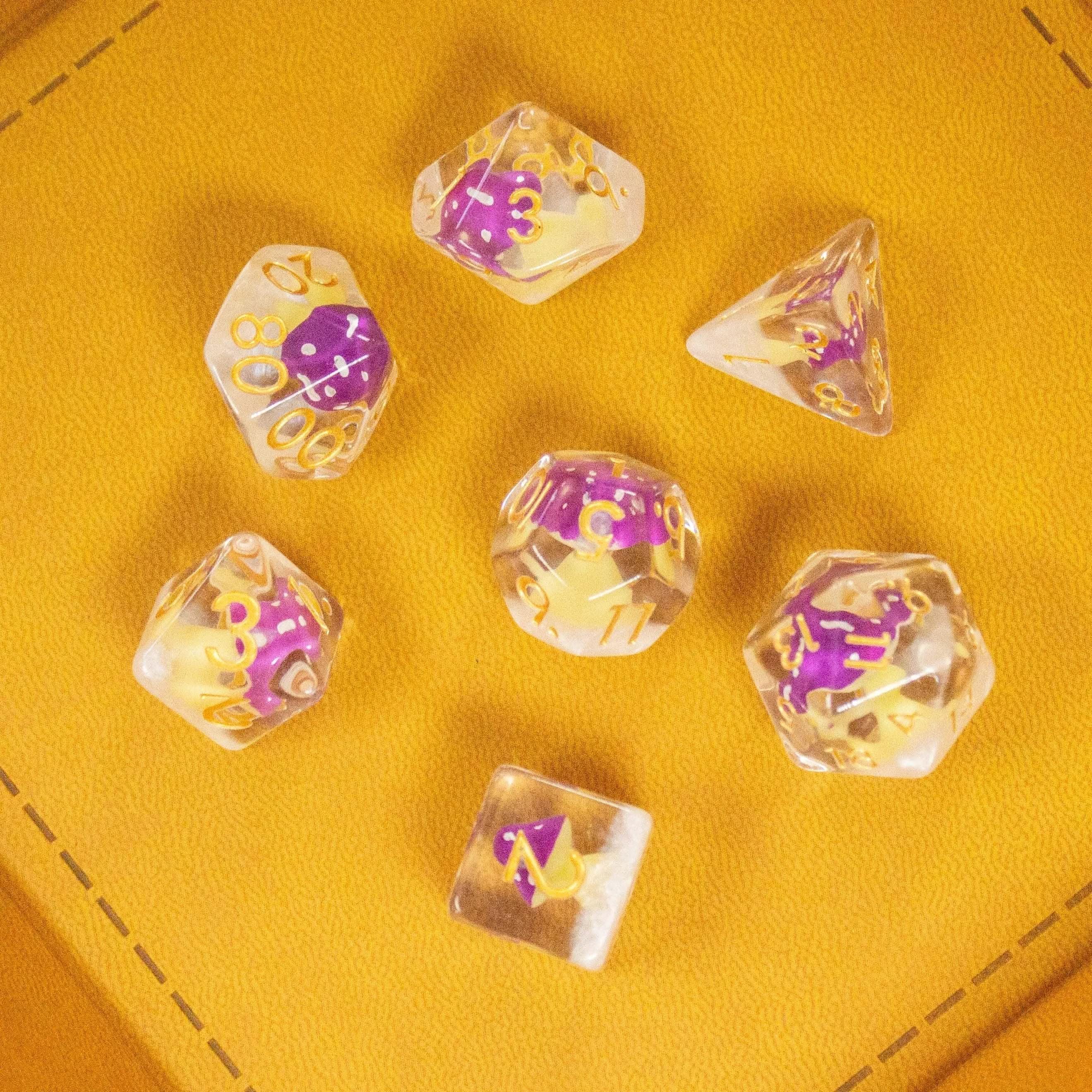 White Purple Mushroom TTRPG Dice Set| Transparent Purple Dice (7) | Polyhedral Dice - MysteryDiceGoblins
