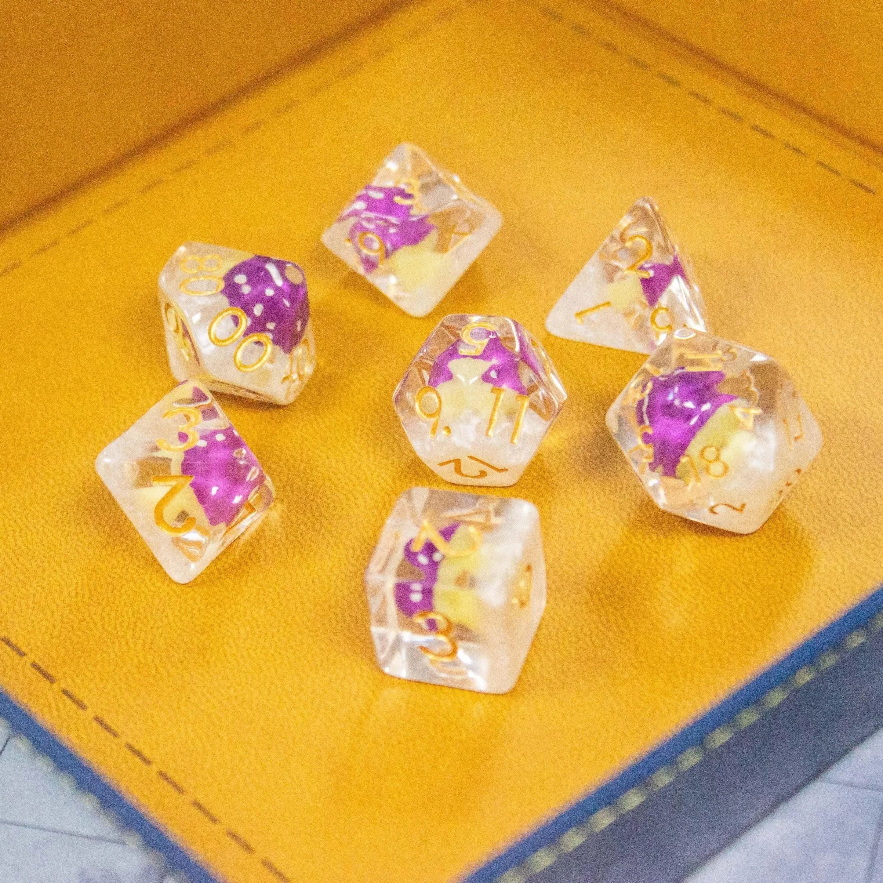 White Purple Mushroom TTRPG Dice Set| Transparent Purple Dice (7) | Polyhedral Dice - MysteryDiceGoblins