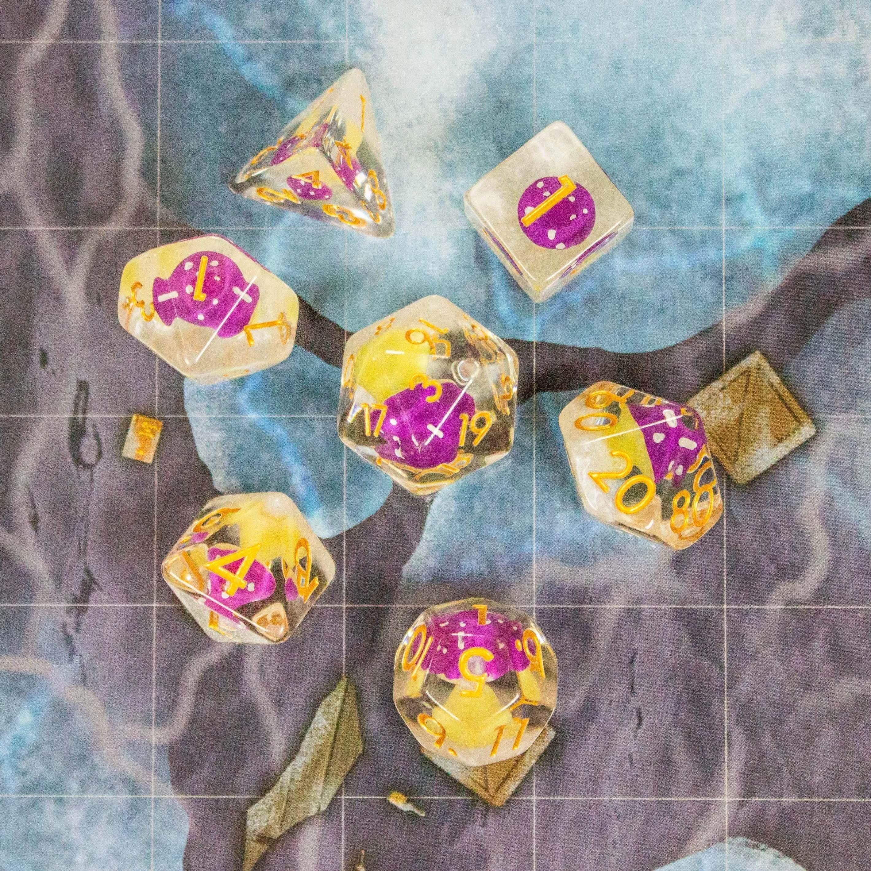 White Purple Mushroom TTRPG Dice Set| Transparent Purple Dice (7) | Polyhedral Dice - MysteryDiceGoblins