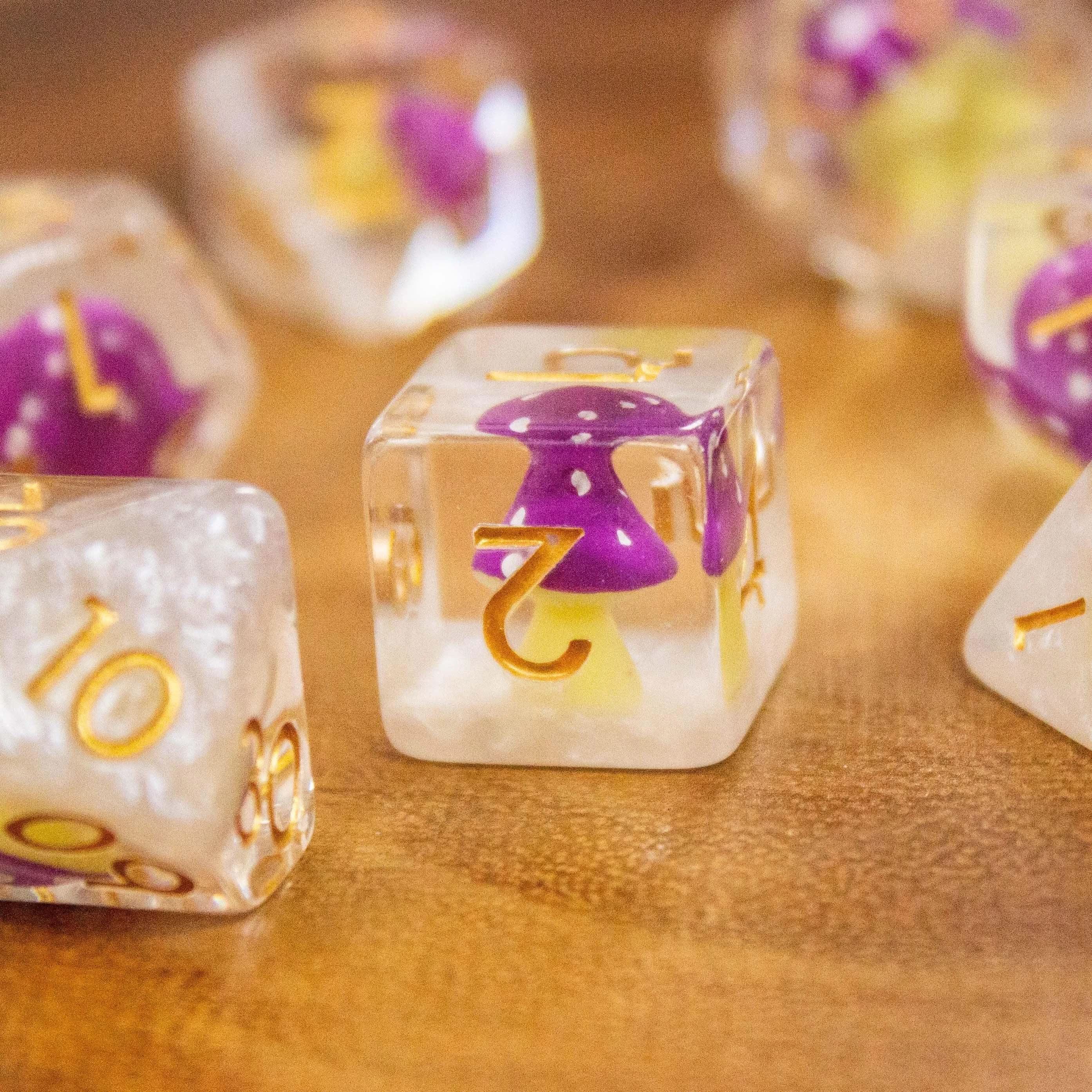 White Purple Mushroom TTRPG Dice Set| Transparent Purple Dice (7) | Polyhedral Dice - MysteryDiceGoblins