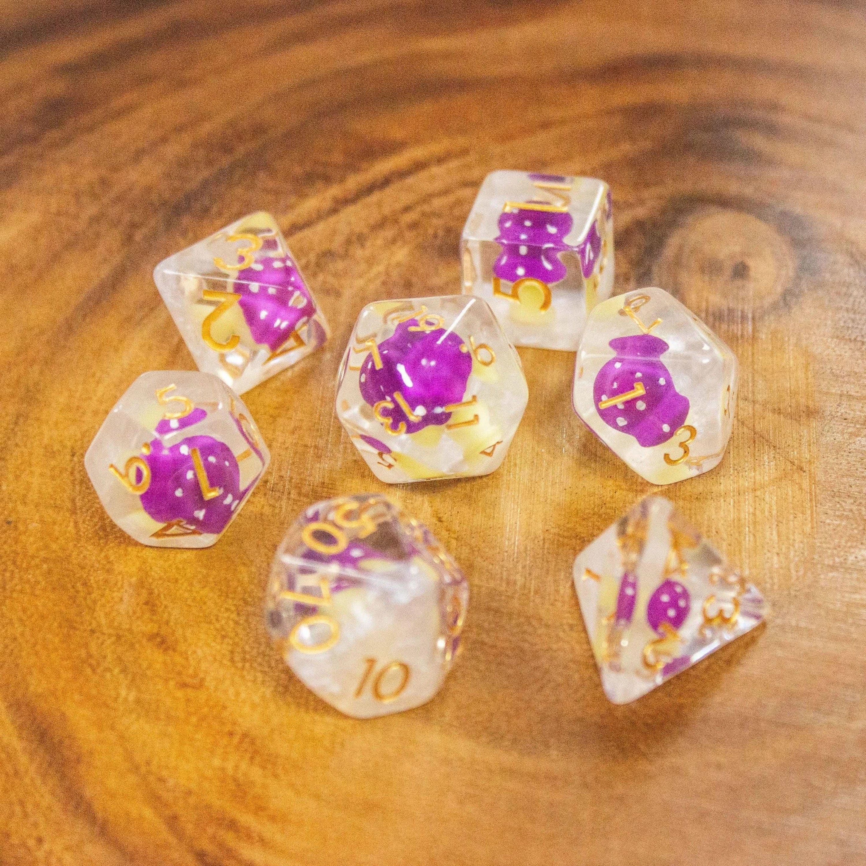White Purple Mushroom TTRPG Dice Set| Transparent Purple Dice (7) | Polyhedral Dice - MysteryDiceGoblins