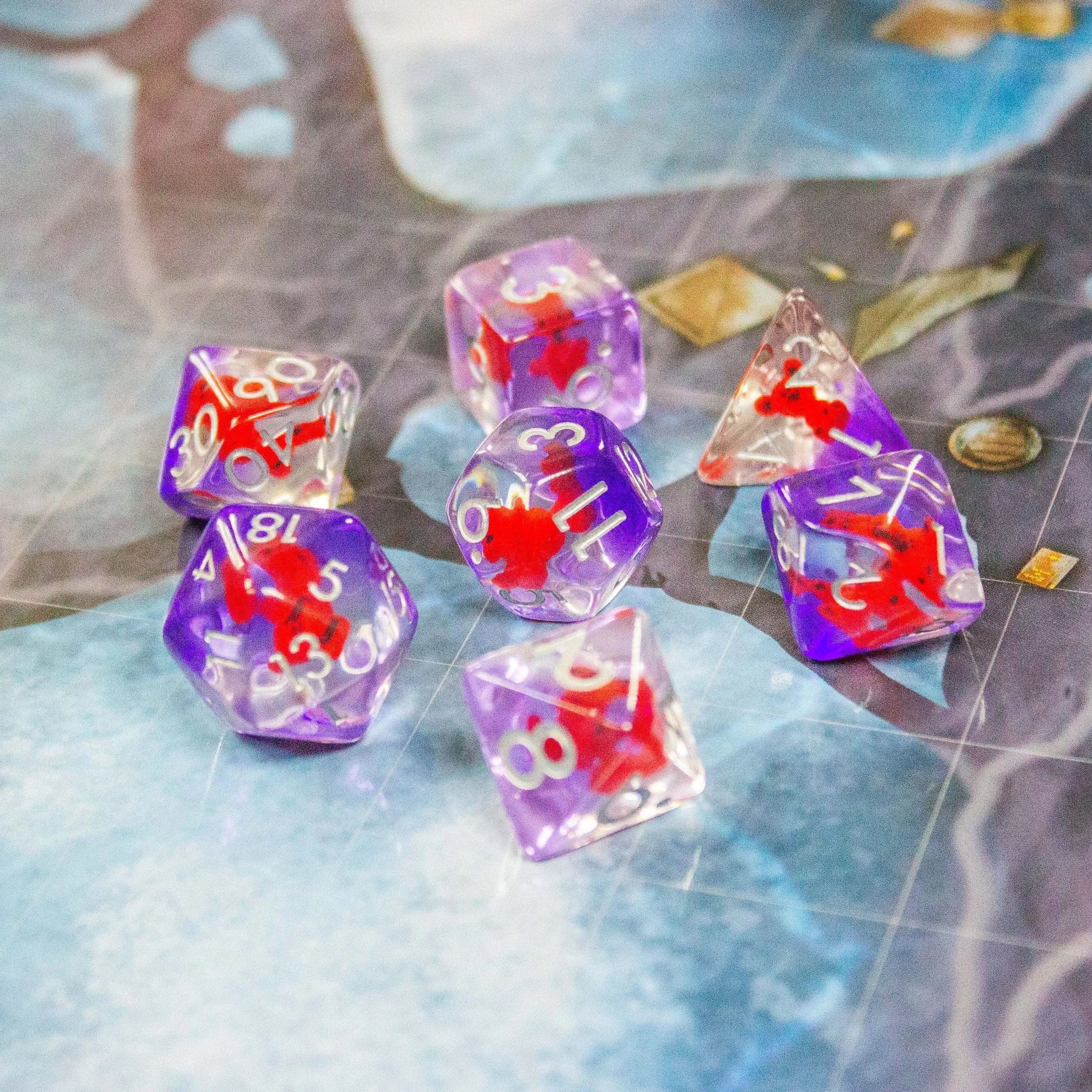 Red Bear TTRPG Dice Set| Transparent Purple See through Dice (7) | Polyhedral Dice - MysteryDiceGoblins