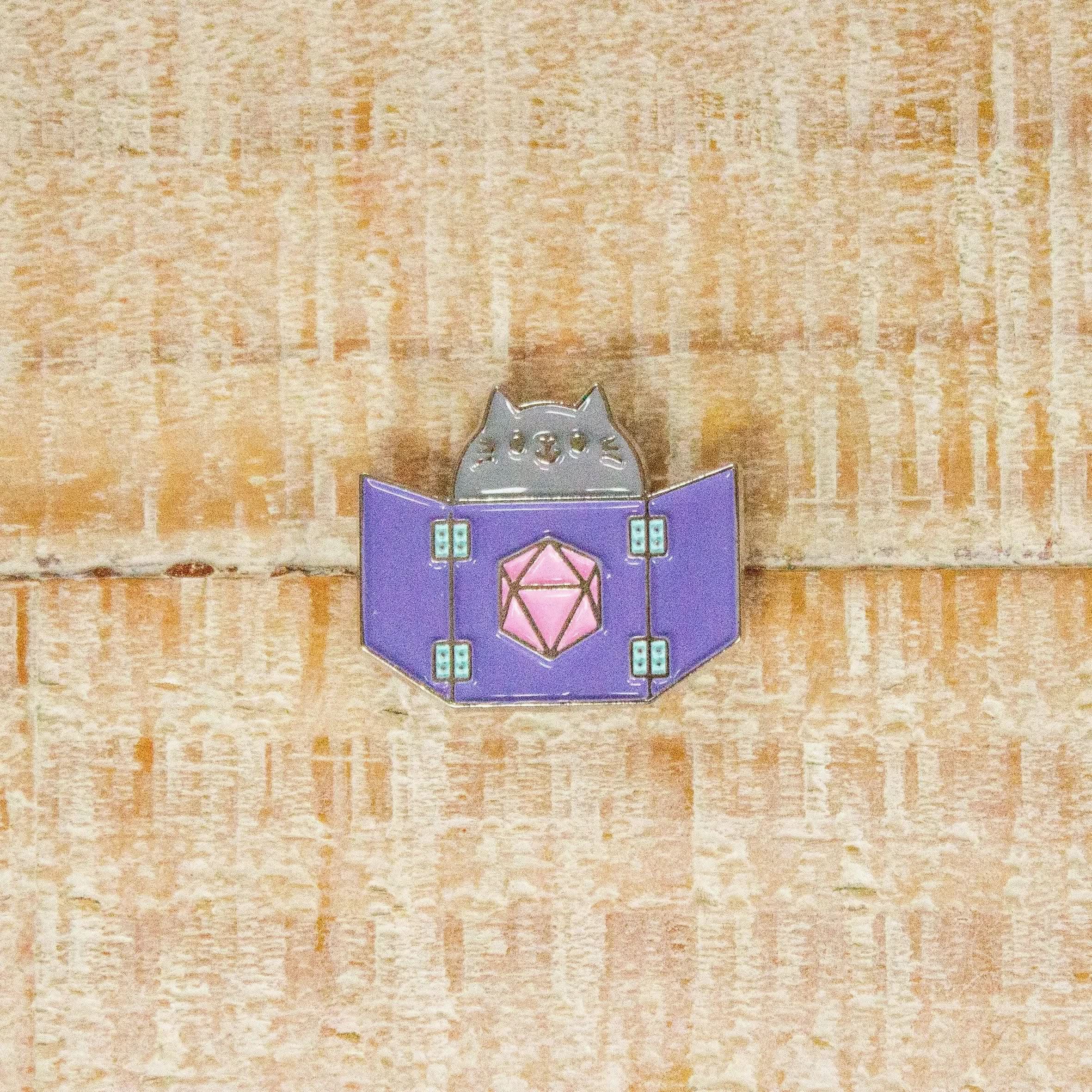 TTRPG Purple Dungeon Meowster Cat Badge Enamel Pin Broach - MysteryDiceGoblins