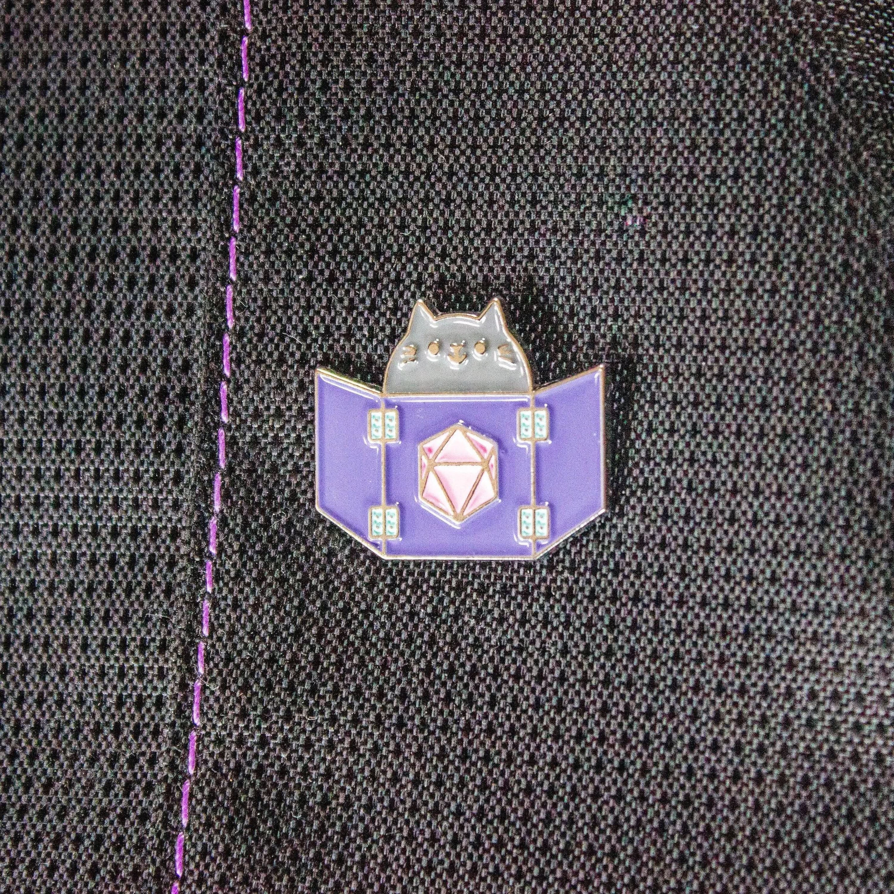 TTRPG Purple Dungeon Meowster Cat Badge Enamel Pin Broach - MysteryDiceGoblins