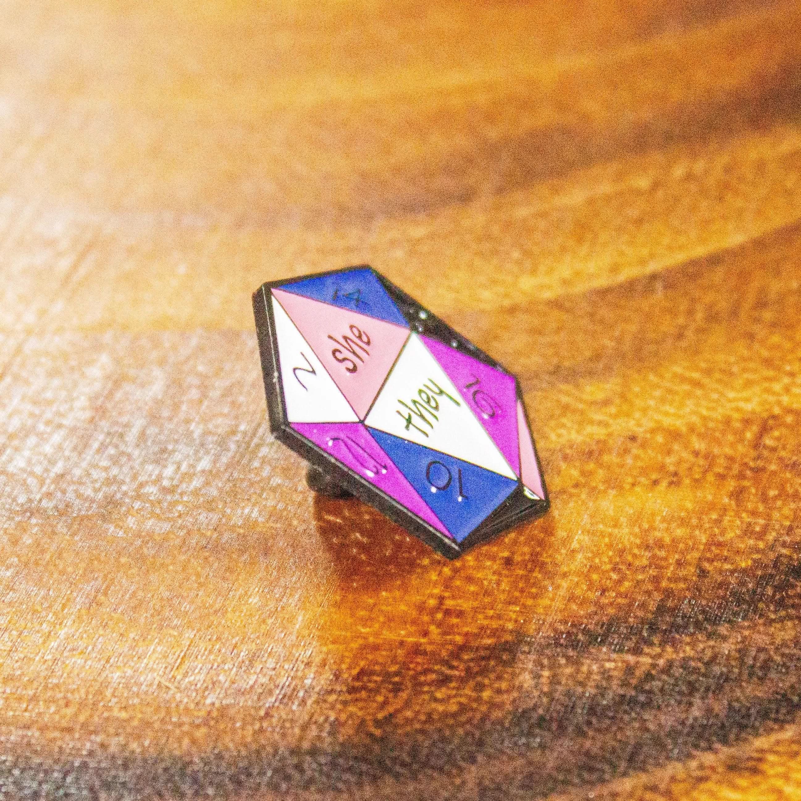 TTRPG She/They Enamel Pronoun Pin, D20 Black White Pink Purple non-binary he they pronoun badge pride - MysteryDiceGoblins