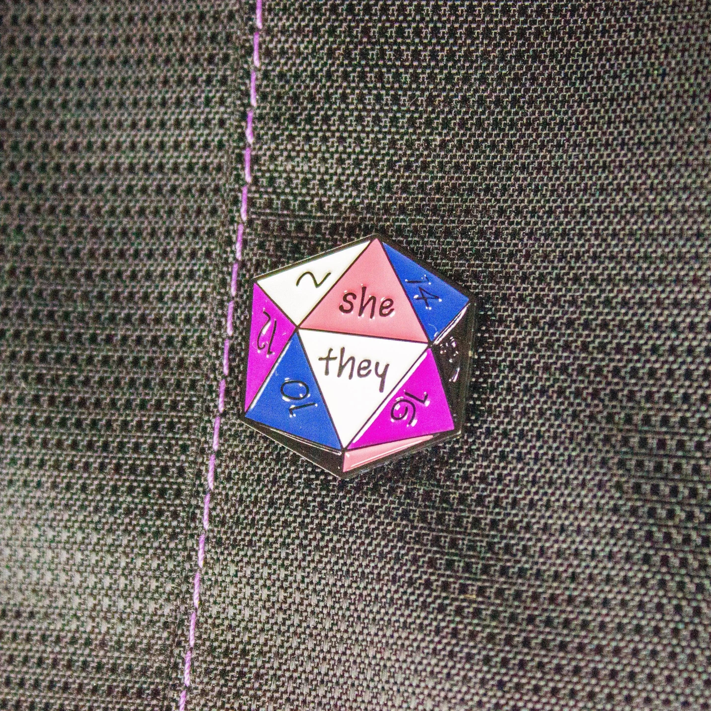 TTRPG She/They Enamel Pronoun Pin, D20 Black White Pink Purple non-binary he they pronoun badge pride - MysteryDiceGoblins