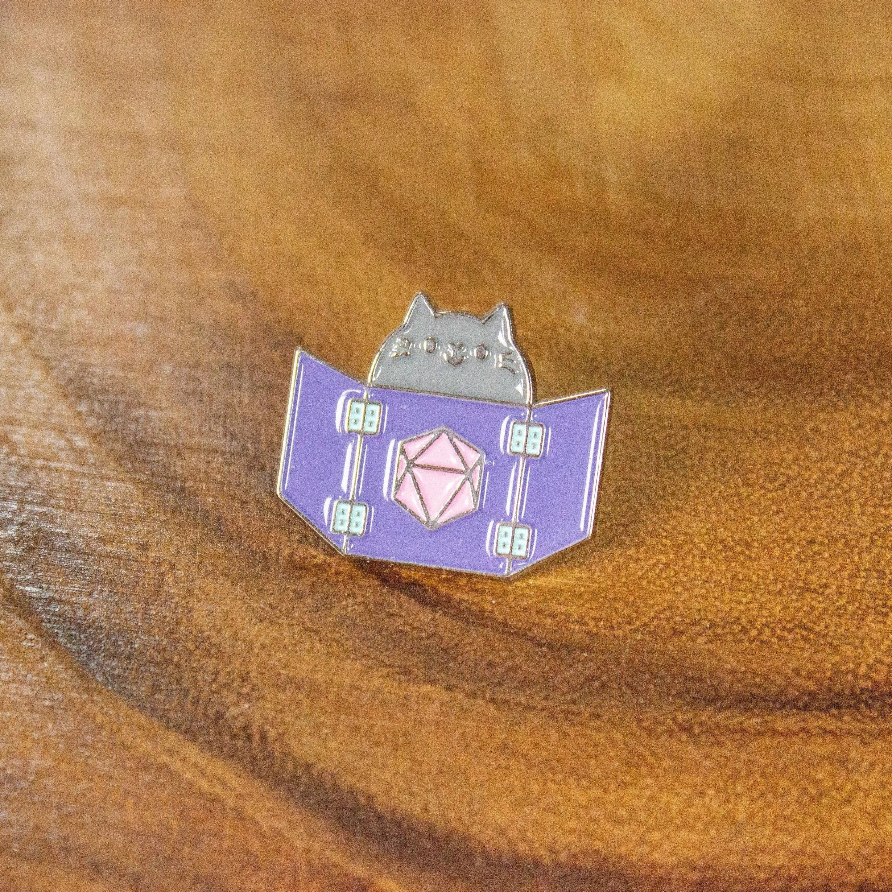 TTRPG Purple Dungeon Meowster Cat Badge Enamel Pin Broach - MysteryDiceGoblins