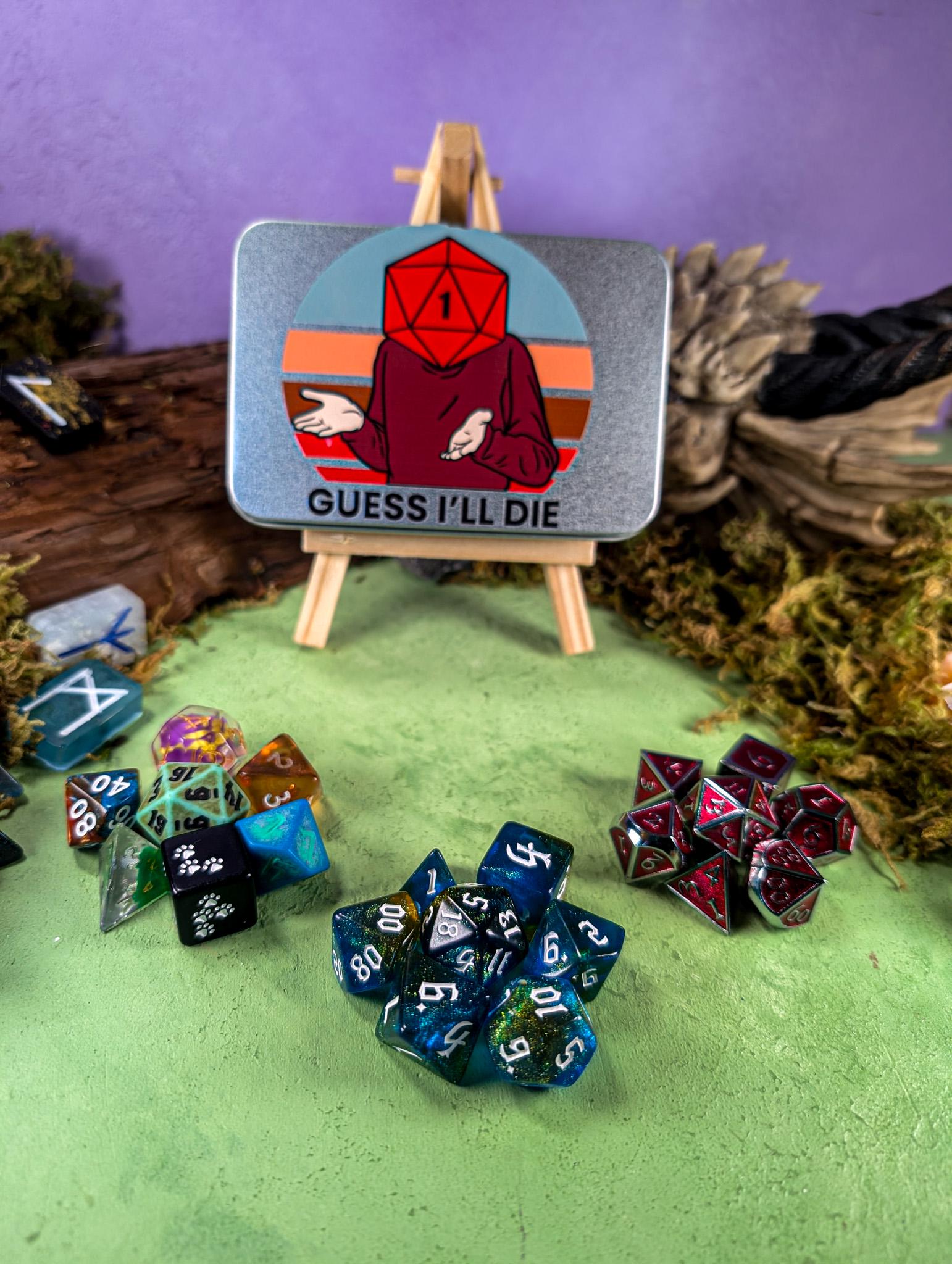 Guess I'll Die Dice Tin | Novelty Dice Tin| TTRPG Gifts | DM Gifts | Dice for | Dice Storage | Dice Tin | - MysteryDiceGoblins