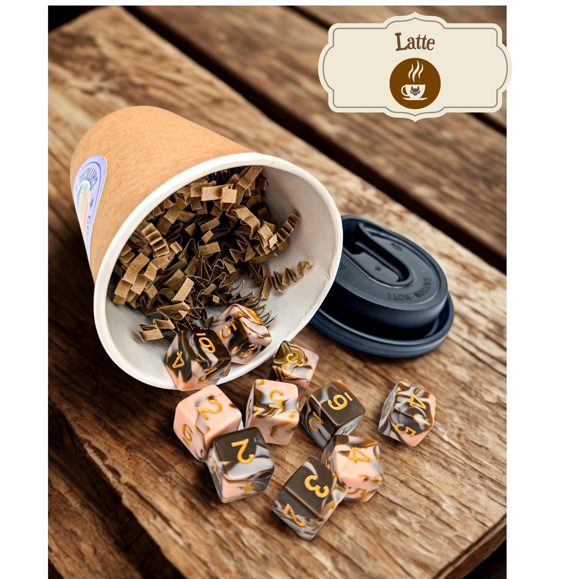 Coffee Dice | Critical Caffeination | Brown and cream dice I TTRPG Gift I TTRPG gifts I TTRPG gag gift I Personalised RPG gifts I Pathfinder - MysteryDiceGoblins