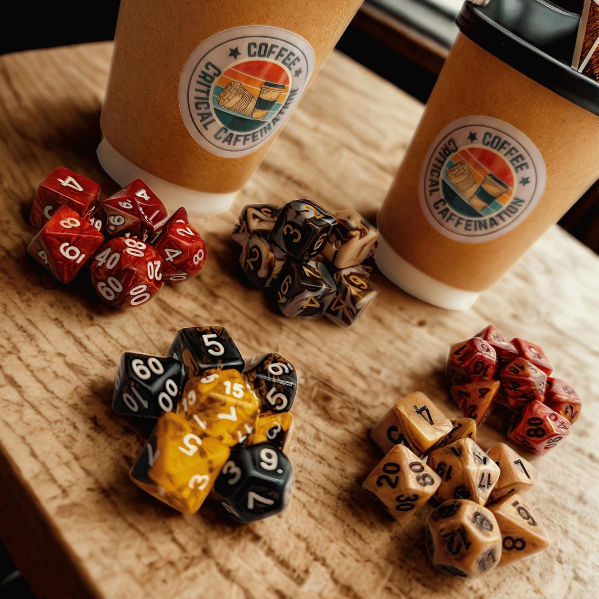 Coffee Dice | Critical Caffeination | Brown and cream dice I TTRPG Gift I TTRPG gifts I TTRPG gag gift I Personalised RPG gifts I Pathfinder - MysteryDiceGoblins