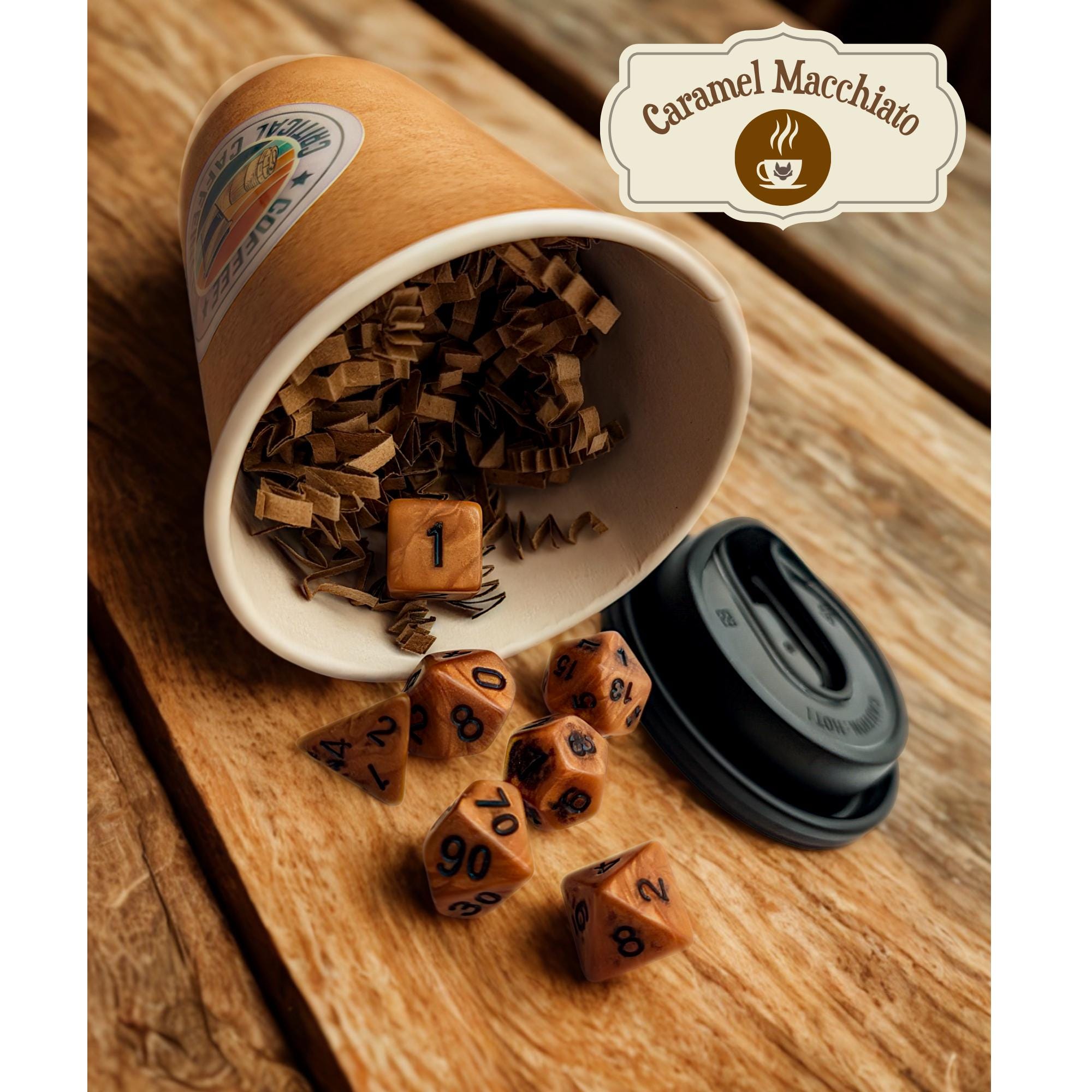 Coffee Dice | Critical Caffeination | Brown and cream dice I TTRPG Gift I TTRPG gifts I TTRPG gag gift I Personalised RPG gifts I Pathfinder - MysteryDiceGoblins