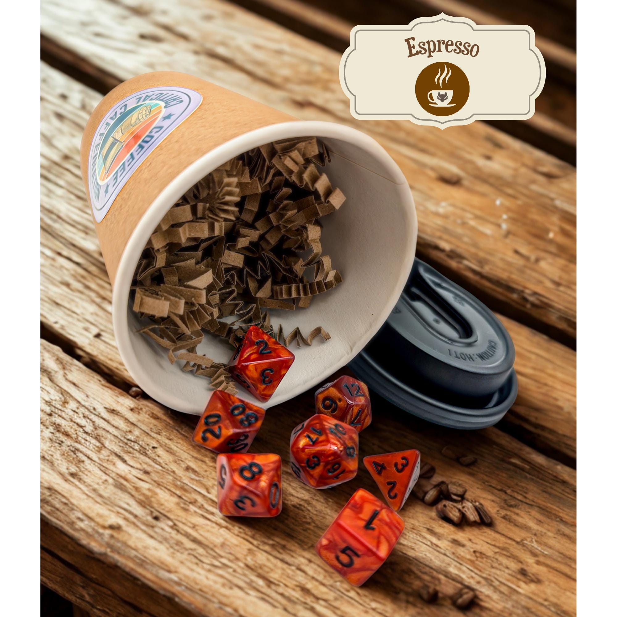 Coffee Dice | Critical Caffeination | Brown and cream dice I TTRPG Gift I TTRPG gifts I TTRPG gag gift I Personalised RPG gifts I Pathfinder - MysteryDiceGoblins