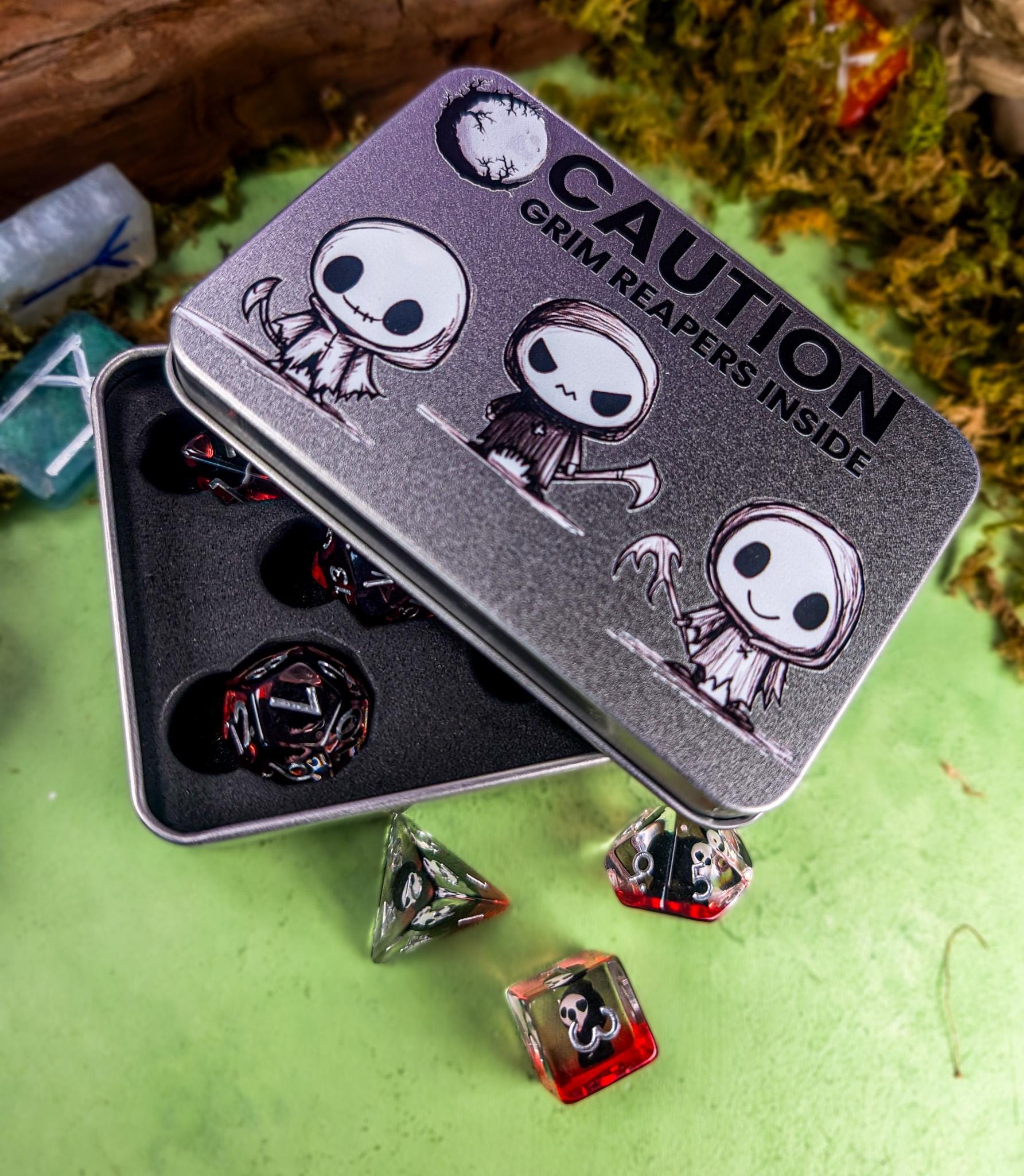 Grim Reaper Dice | Dice Tin | Dice Storage | Reaper TTRPG Dice for | RPG Dice | Inclusion Dice | TTRPG Gift Tiin - MysteryDiceGoblins